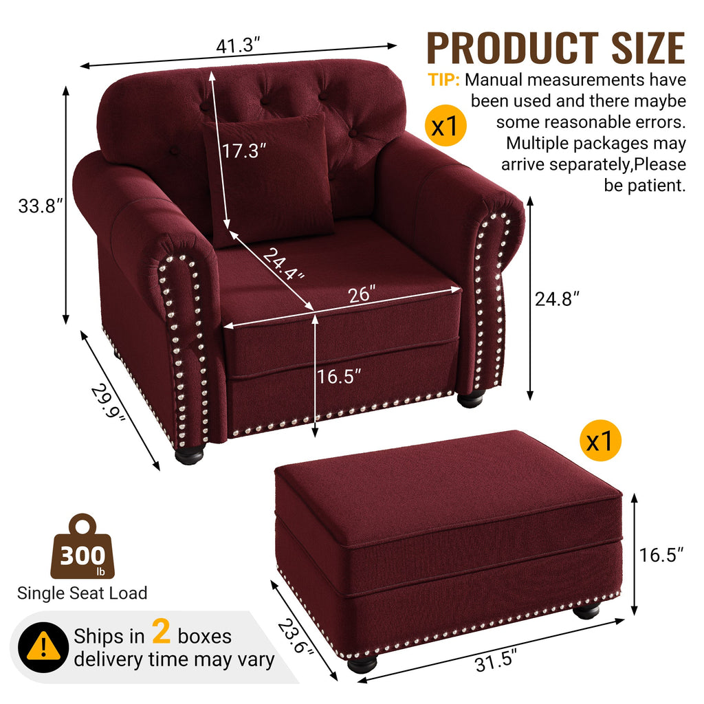 41.3'Upholstered Velvet Sofa with Nailhead Trim and Rolled Armrests,Mid-Century Modern Chesterfield Sofa with Button Tufted,Includes 1 Pillows,Brown