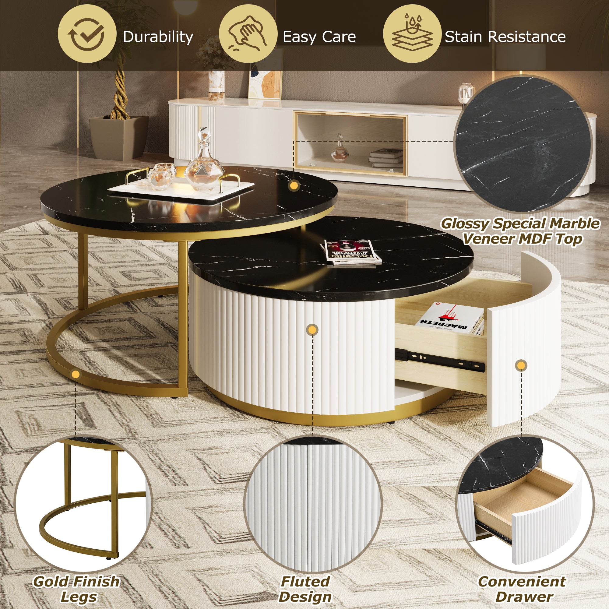 Two round nesting tables separated for extra surface area