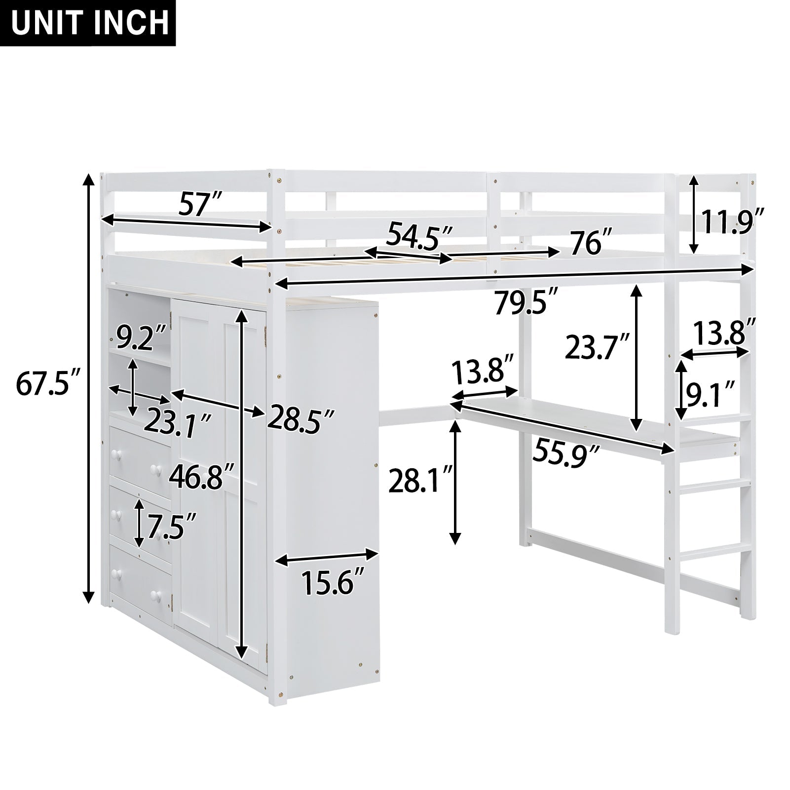 Full Size Loft Bed with Wardrobe, Desk & Storage Drawers — Pine Wood