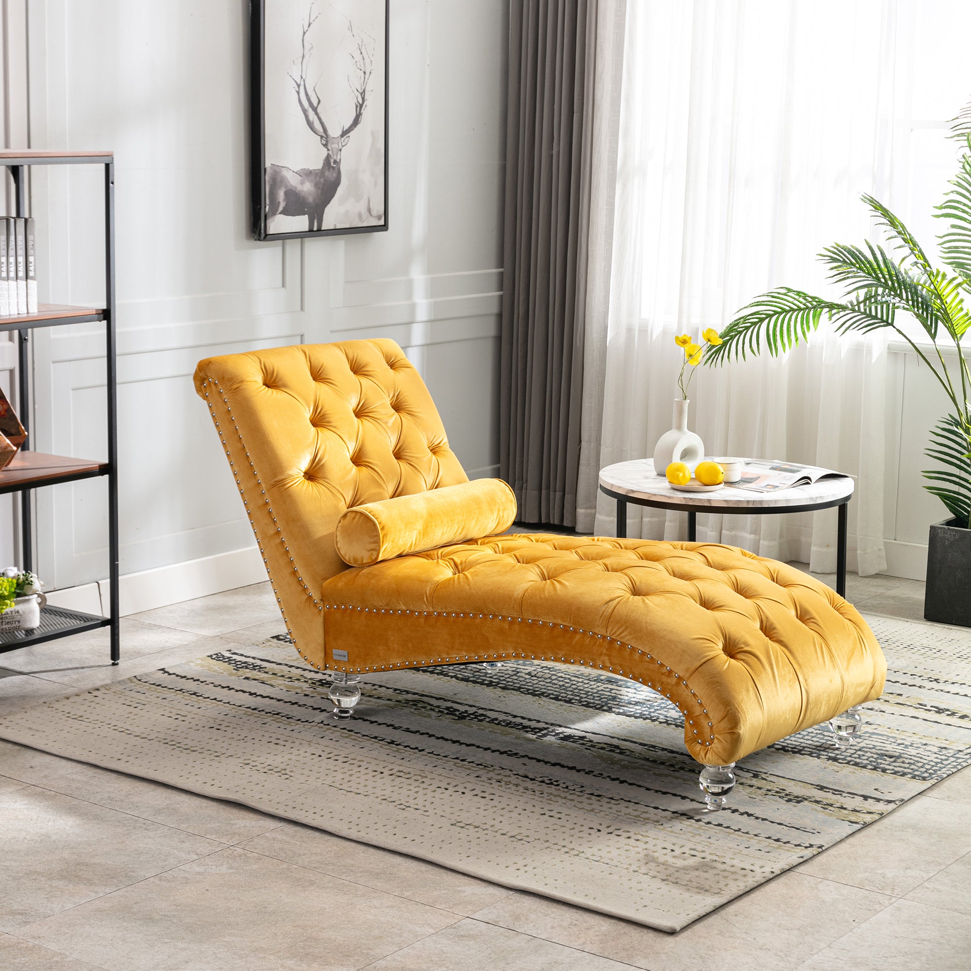 Mustard velvet chaise in living room setting