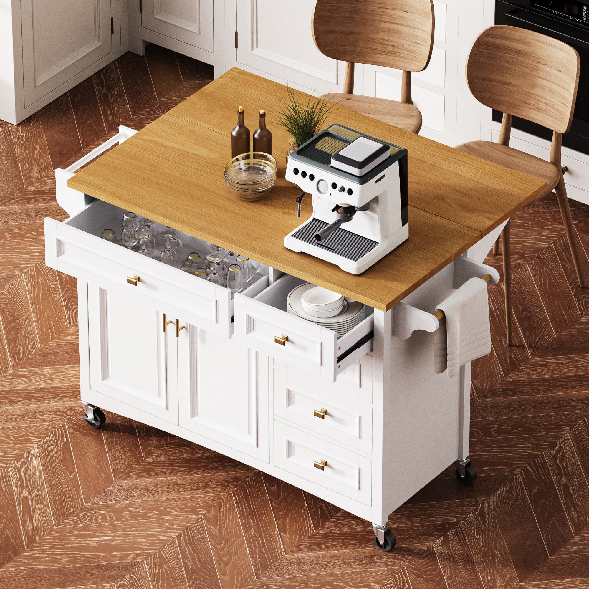 K&K 52'' Kitchen Island with Drop Leaf, Embossed Texture Kitchen Island on Wheels with Spice Rack, Towel Rack, 2 Doors and 5 Drawers, Kitchen Storage Cart with Adjustable Shelf for Kitchen, Blue Grey