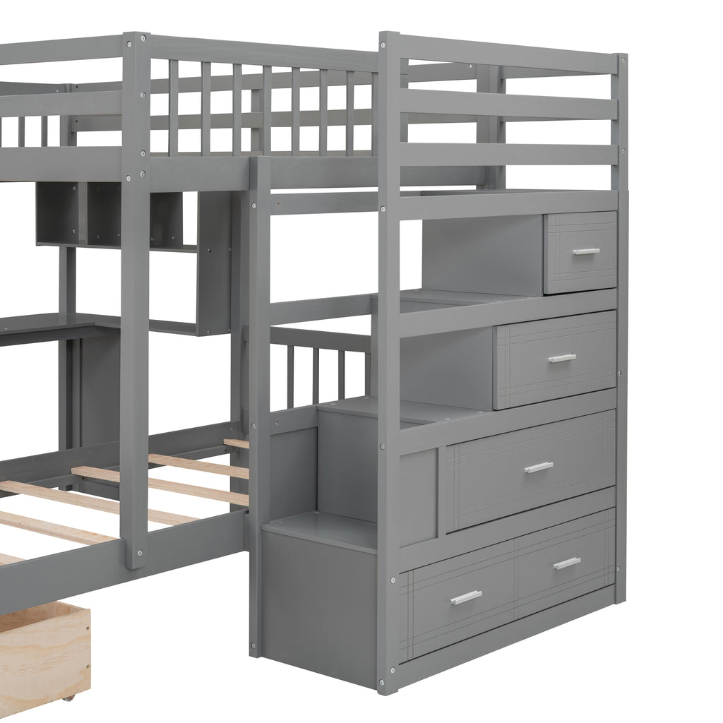Full-over-twin bunk bed side shelves desk and drawer layout