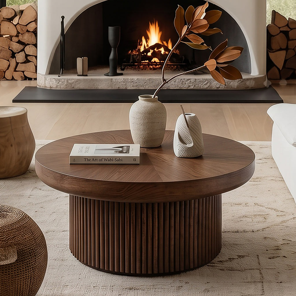 33.5'' Round Fluted Coffee Table with Real Wood Parquet Pattern Top & Cylindrical Base, Thickened Tabletop, Mid-Century Modern Circle Cocktail Table for Living Room, Small Space, Walnut