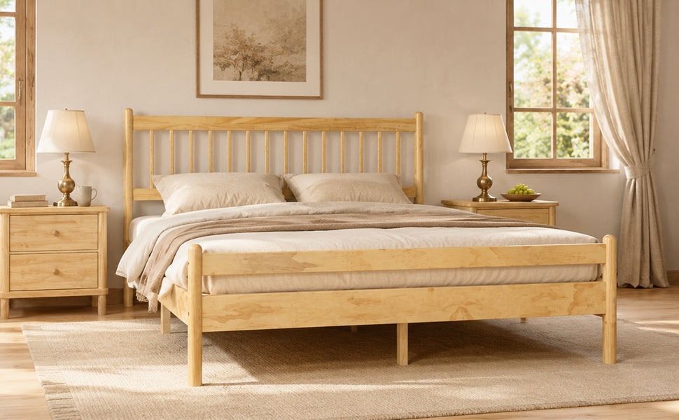 Traditional Style Queen Size Bed with Headboard and Footboard, Pinewood Bed with Strengthened Bed Frame ,Walnut
