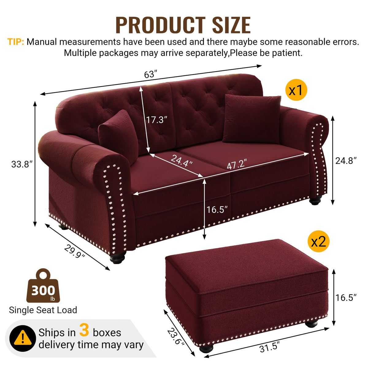 63'Upholstered Velvet Sofa with Nailhead Trim and Rolled Armrests,Mid-Century Modern Chesterfield Sofa with Button Tufted,Includes 2 Pillows,Beige/White