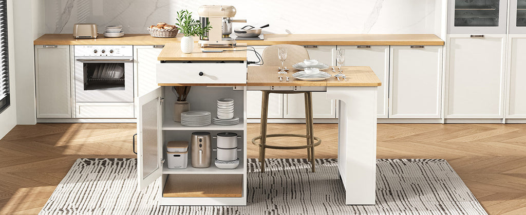 K&K 59.5' Kitchen Island with Extendable Dining Table, Kitchen Storage Table with Double-sided Storage, Kitchen Island with 2 Drawers, Power Outlet, Side Open Shelves, for Kitchen, Dining Room, Black
