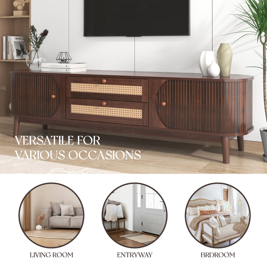 Modern Farmhouse Rattan TV Stand — for TVs Up to 75" (Natural Wood)