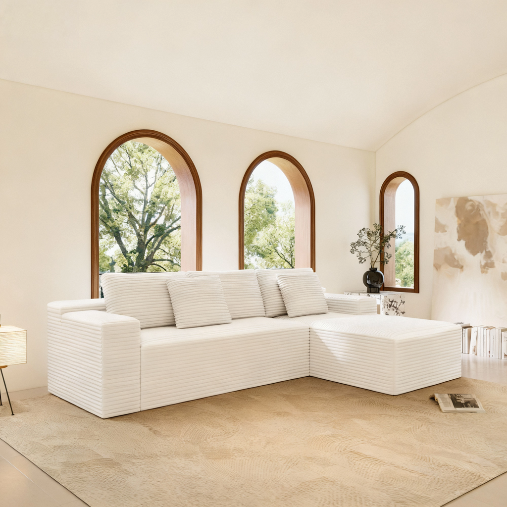 104-inch white corduroy sectional sofa — angle view