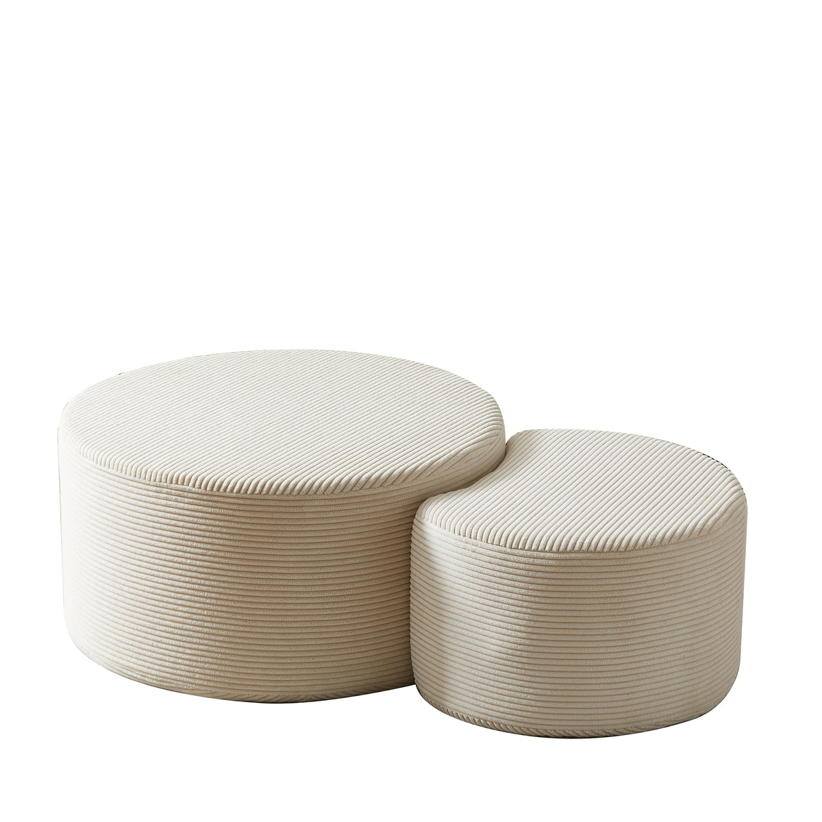 Modern Upholstered Round Coffee Table Set of 2 in Beige, Corduroy Fabric, No Assembly Required