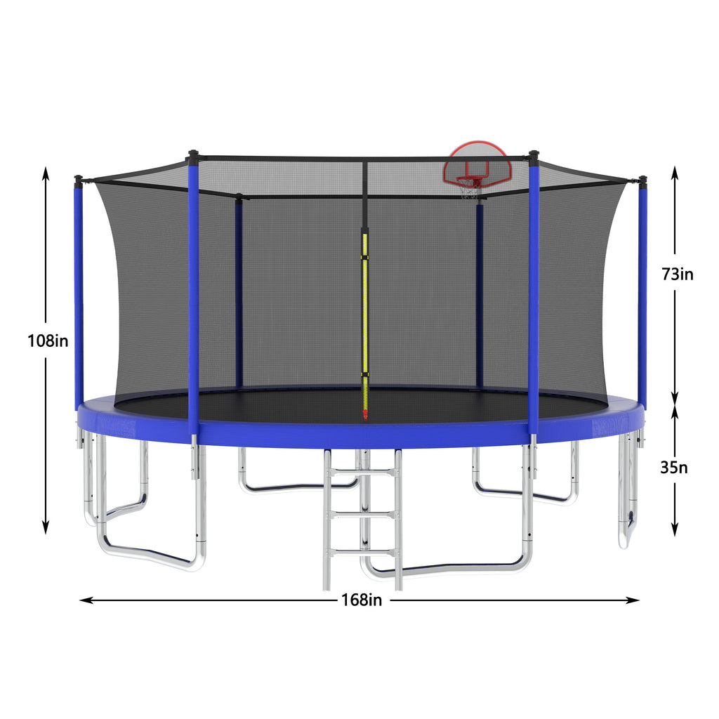 14 ft blue trampoline with basketball backboard and 3-step ladder