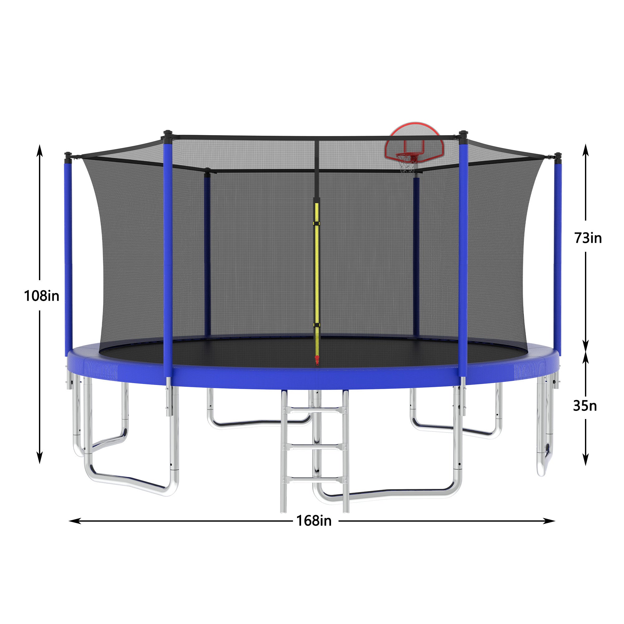 14 ft blue trampoline with basketball backboard and 3-step ladder