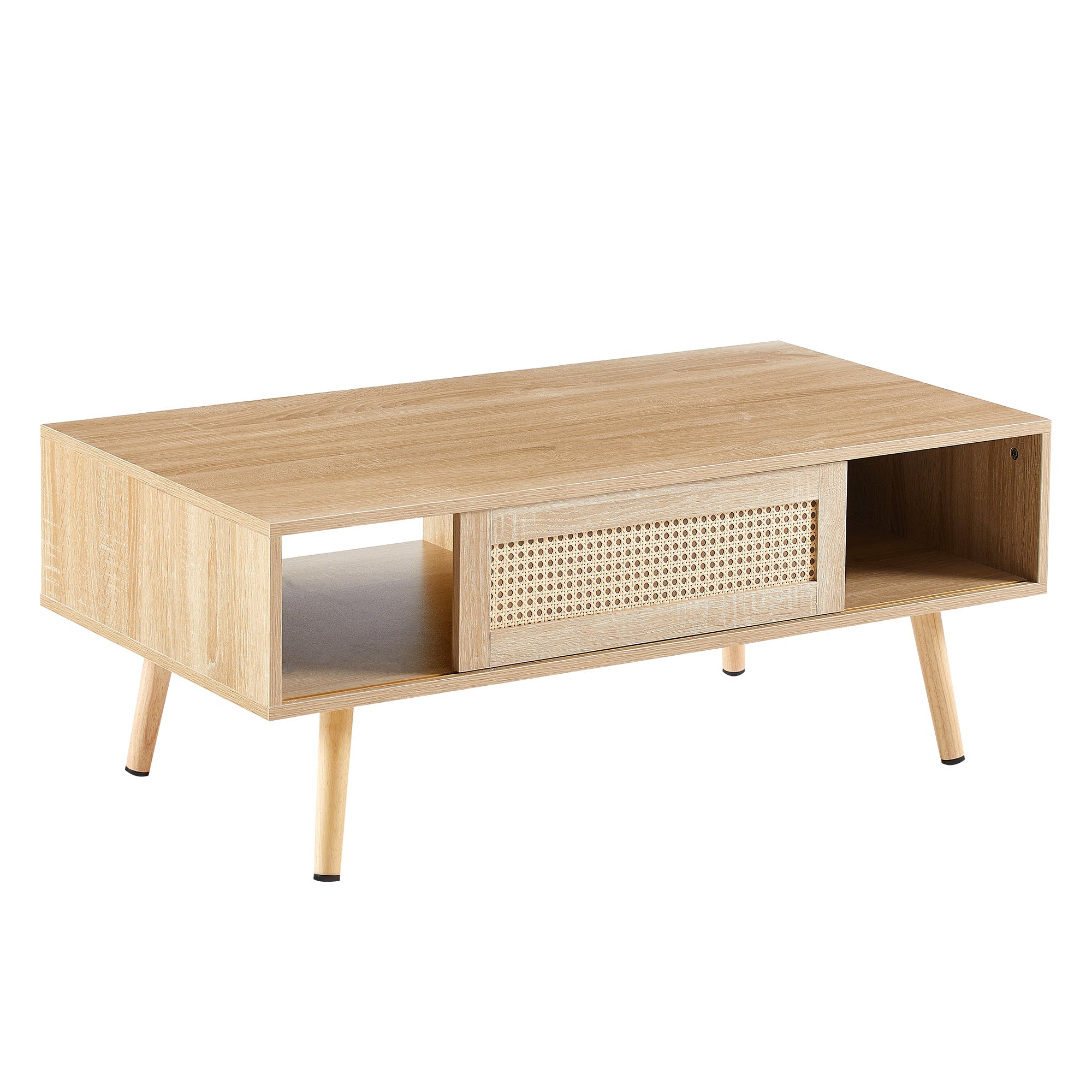 Rattan Coffee Table — Sliding Door Storage & Solid Wood Legs