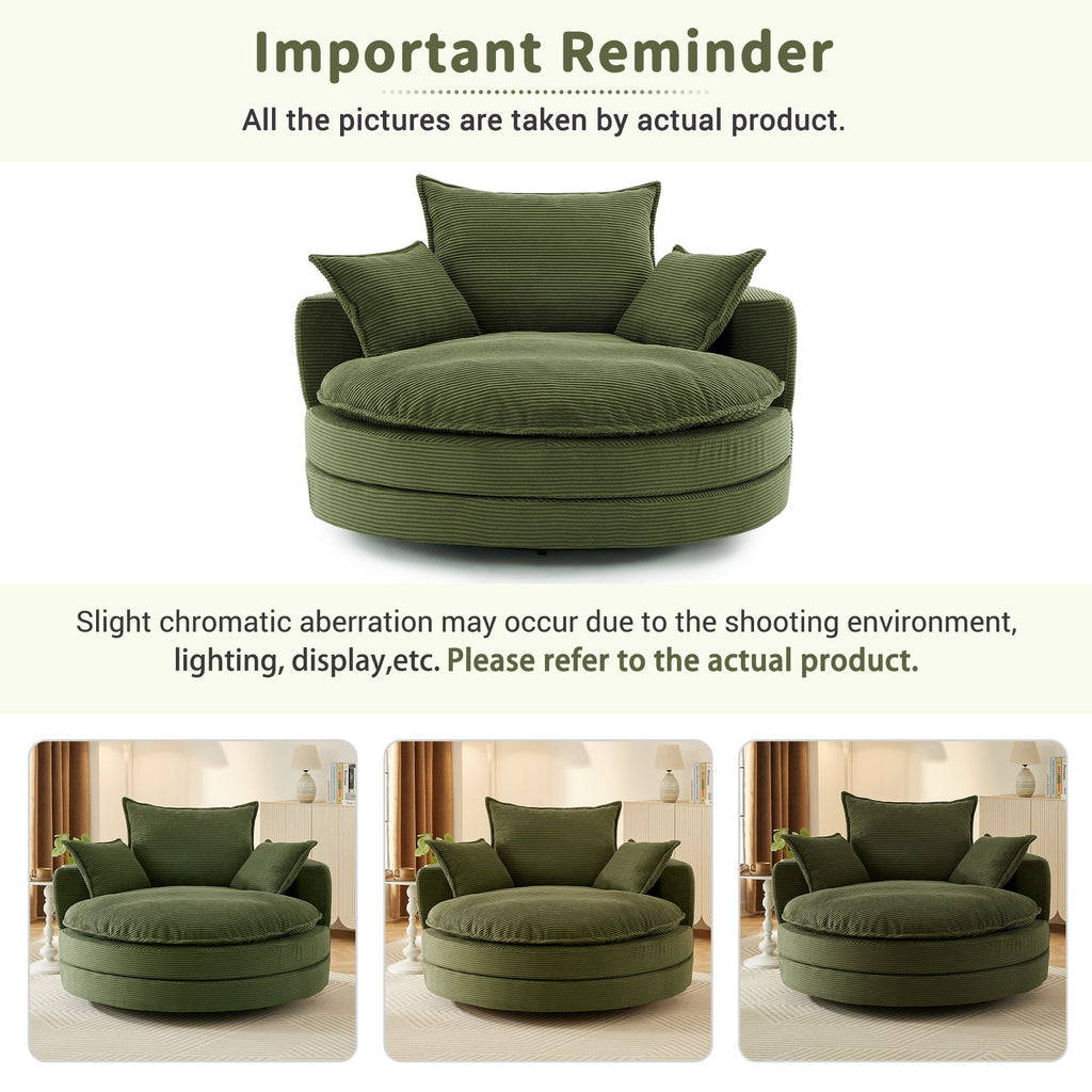 Corduroy Swivel Barrel Chair — 360° with Removable Pillows