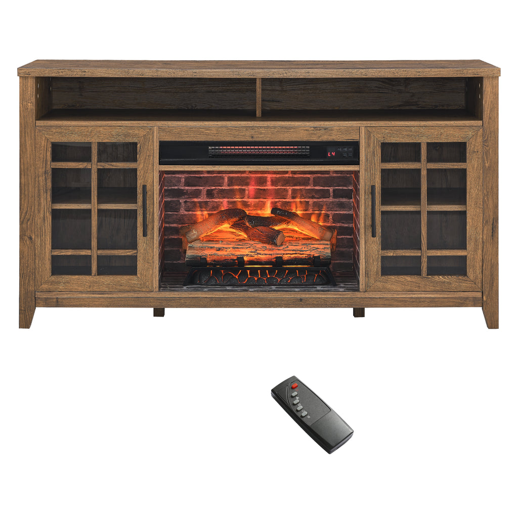 Reclaimed barnwood TV cabinet with fireplace insert close-up