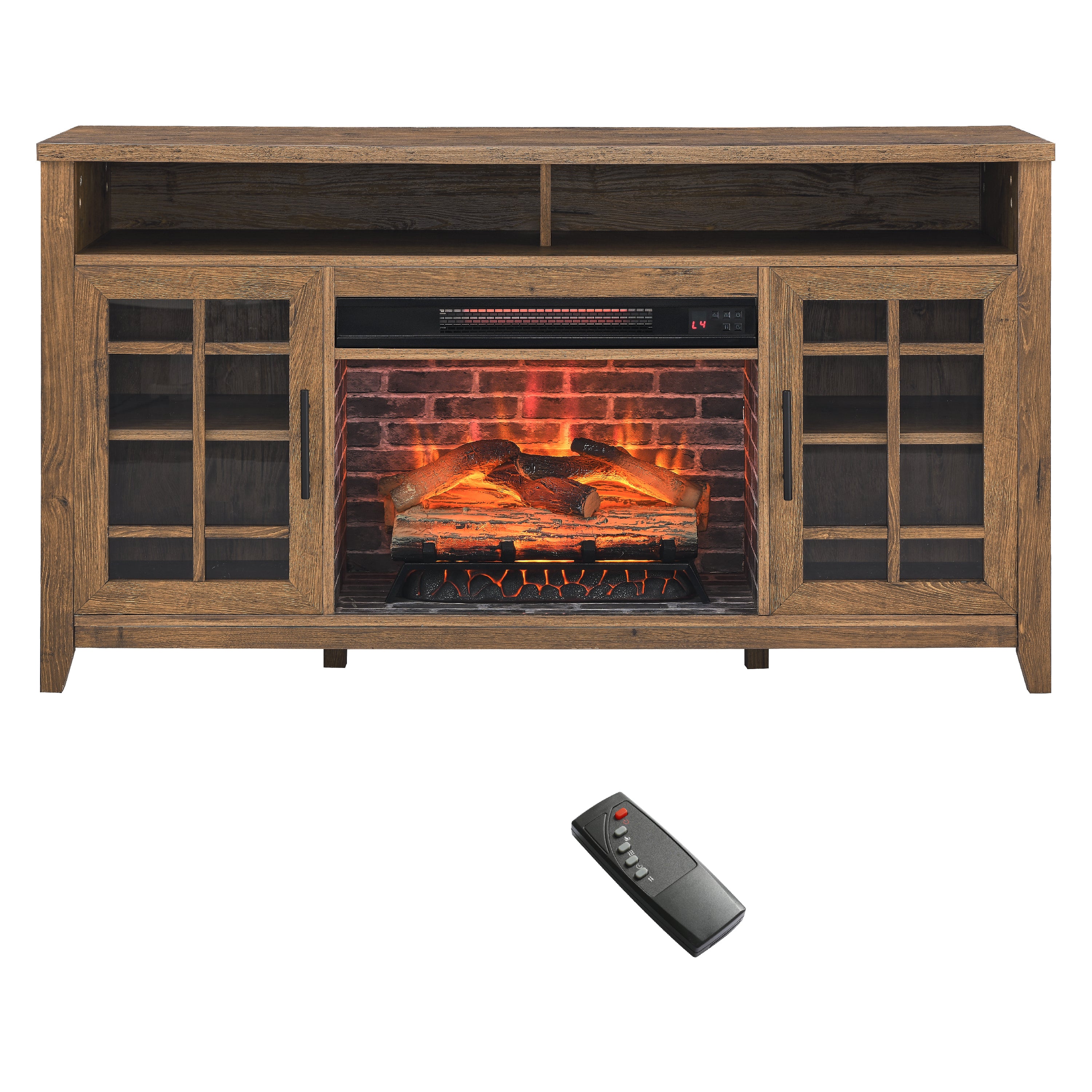 Reclaimed barnwood TV cabinet with fireplace insert close-up