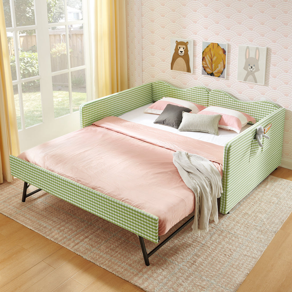 Full‑Size Daybed,Gingham Upholstered Daybed Equipped with Pull-Out Trundle Bed Frame & Side Storage Pocket, Solid Wood Frame Multi-Functional Sofa Bed for Kids Room & Guest Bedroom-PINK