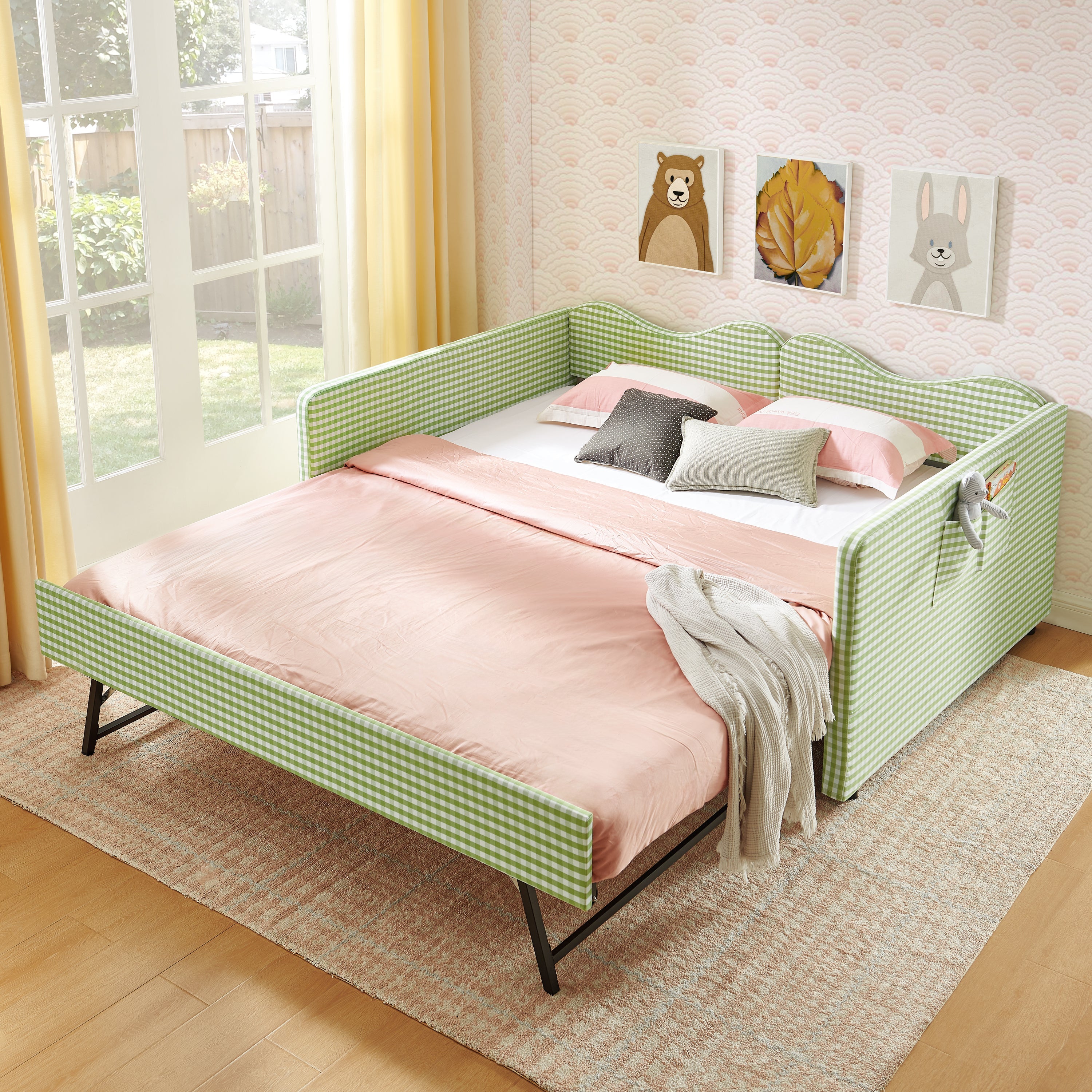 Full‑Size Daybed,Gingham Upholstered Daybed Equipped with Pull-Out Trundle Bed Frame & Side Storage Pocket, Solid Wood Frame Multi-Functional Sofa Bed for Kids Room & Guest Bedroom-PINK