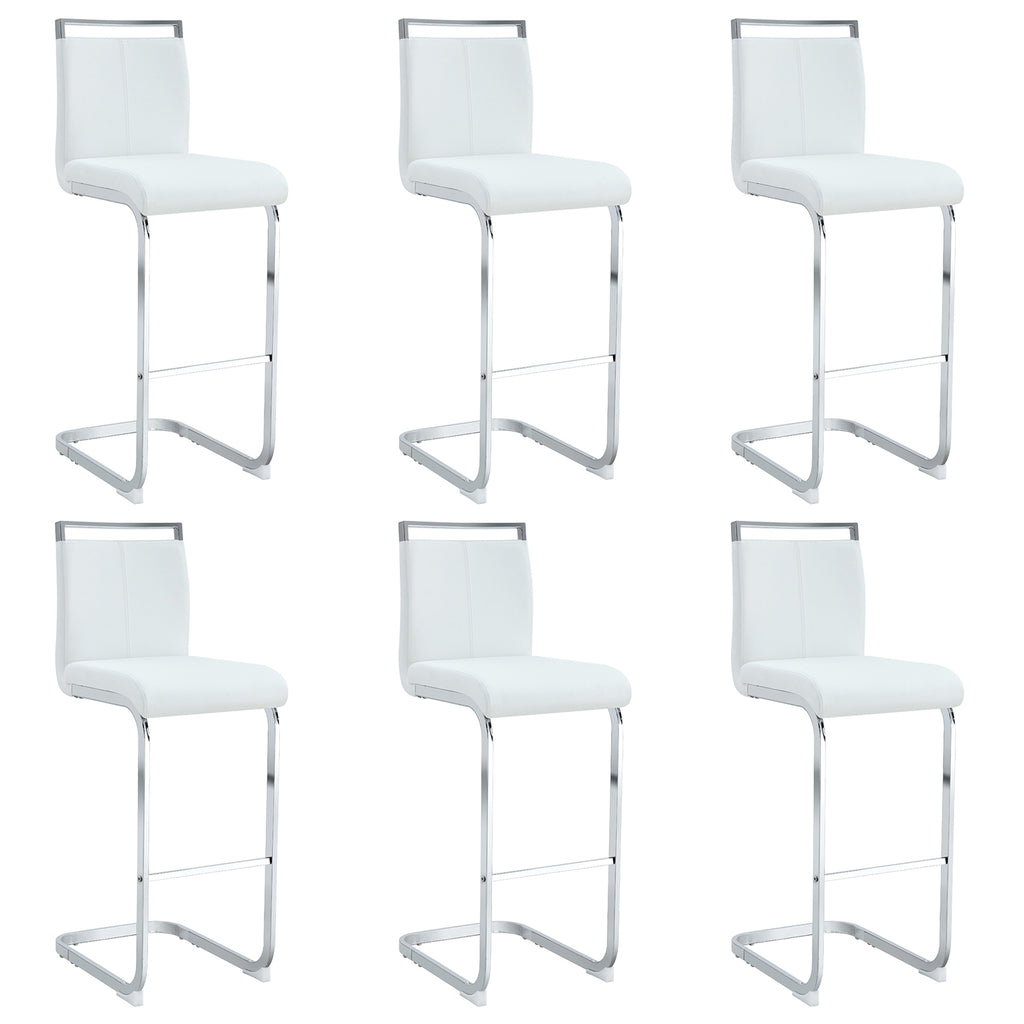 Modern and beautiful bar stool upholstered in PU leather with C-shaped silver metal legs for dining rooms, kitchens, terraces and guest office chairs.(set of 6) (white+PU)