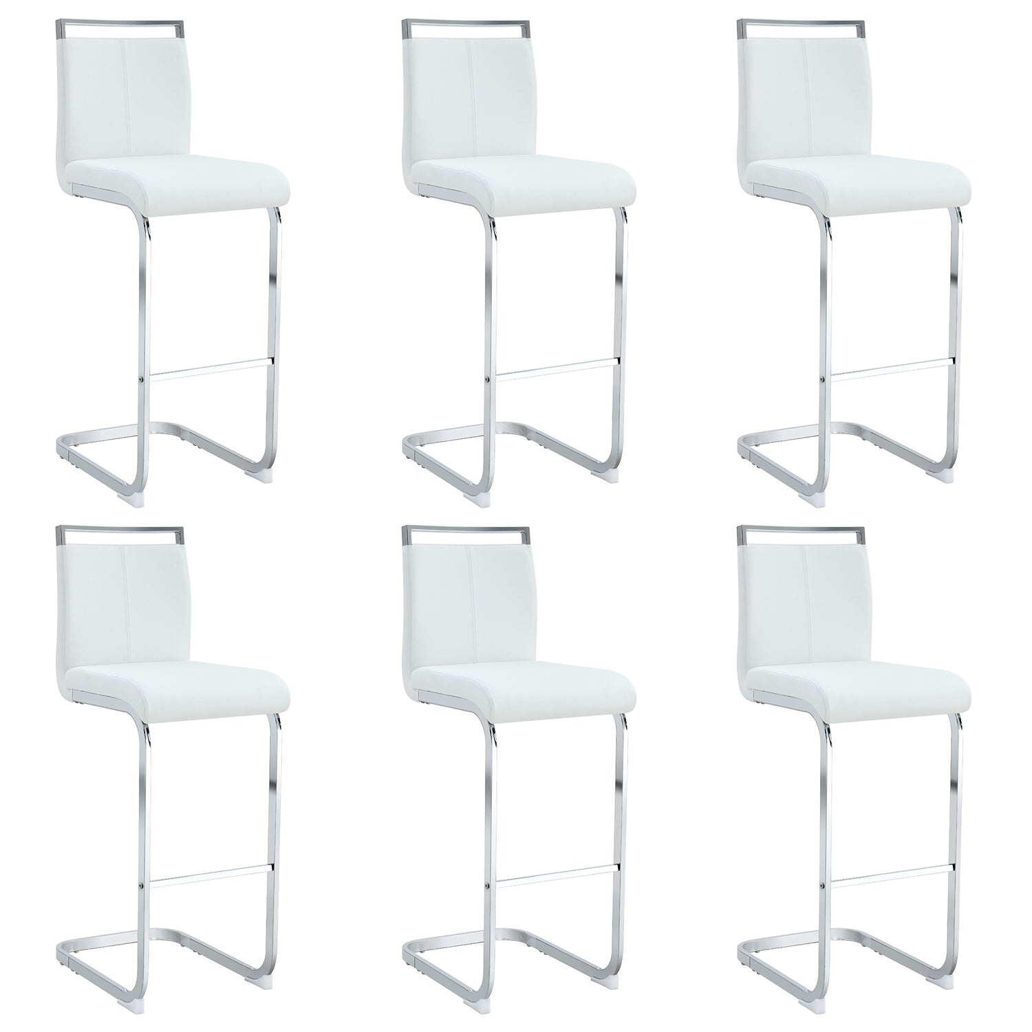 Modern and beautiful bar stool upholstered in PU leather with C-shaped silver metal legs for dining rooms, kitchens, terraces and guest office chairs.(set of 6) (white+PU)