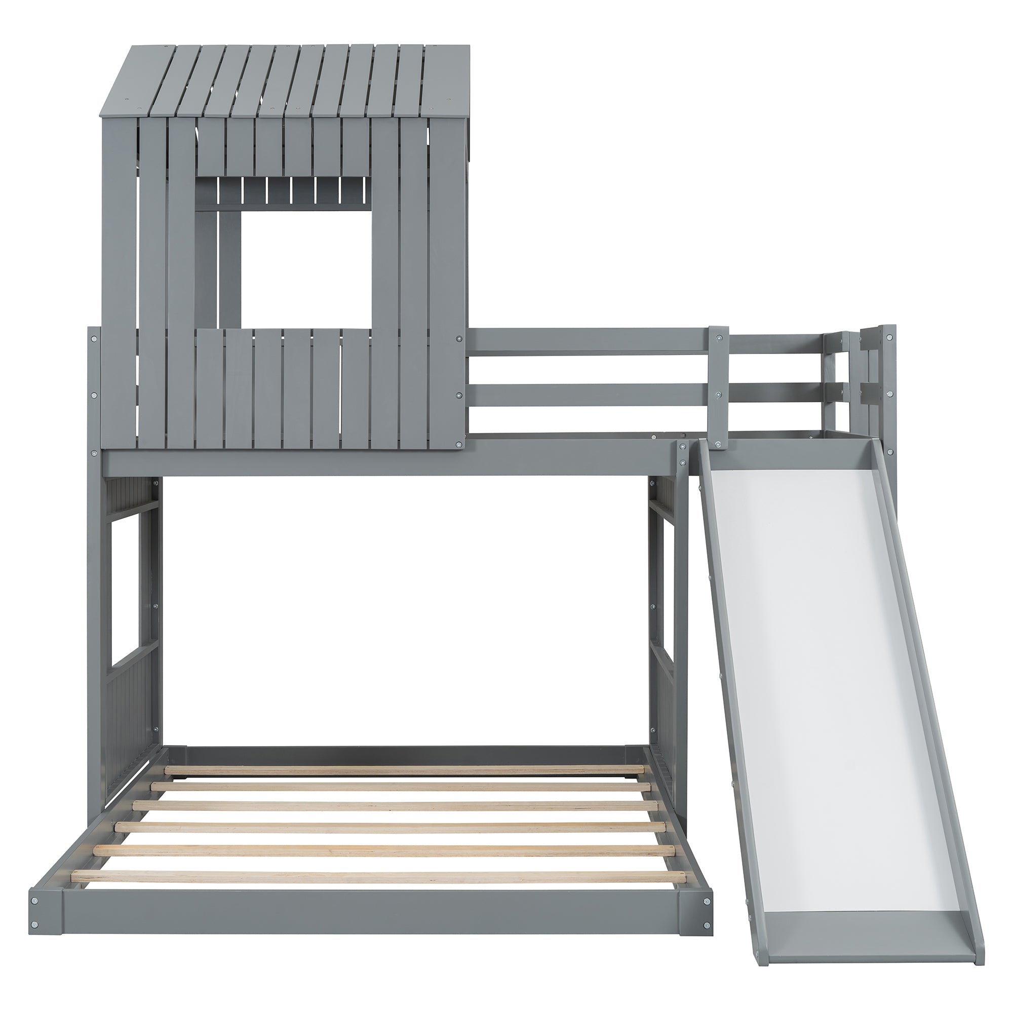 Gray loft bunk bed upper twin bunk with full guardrails