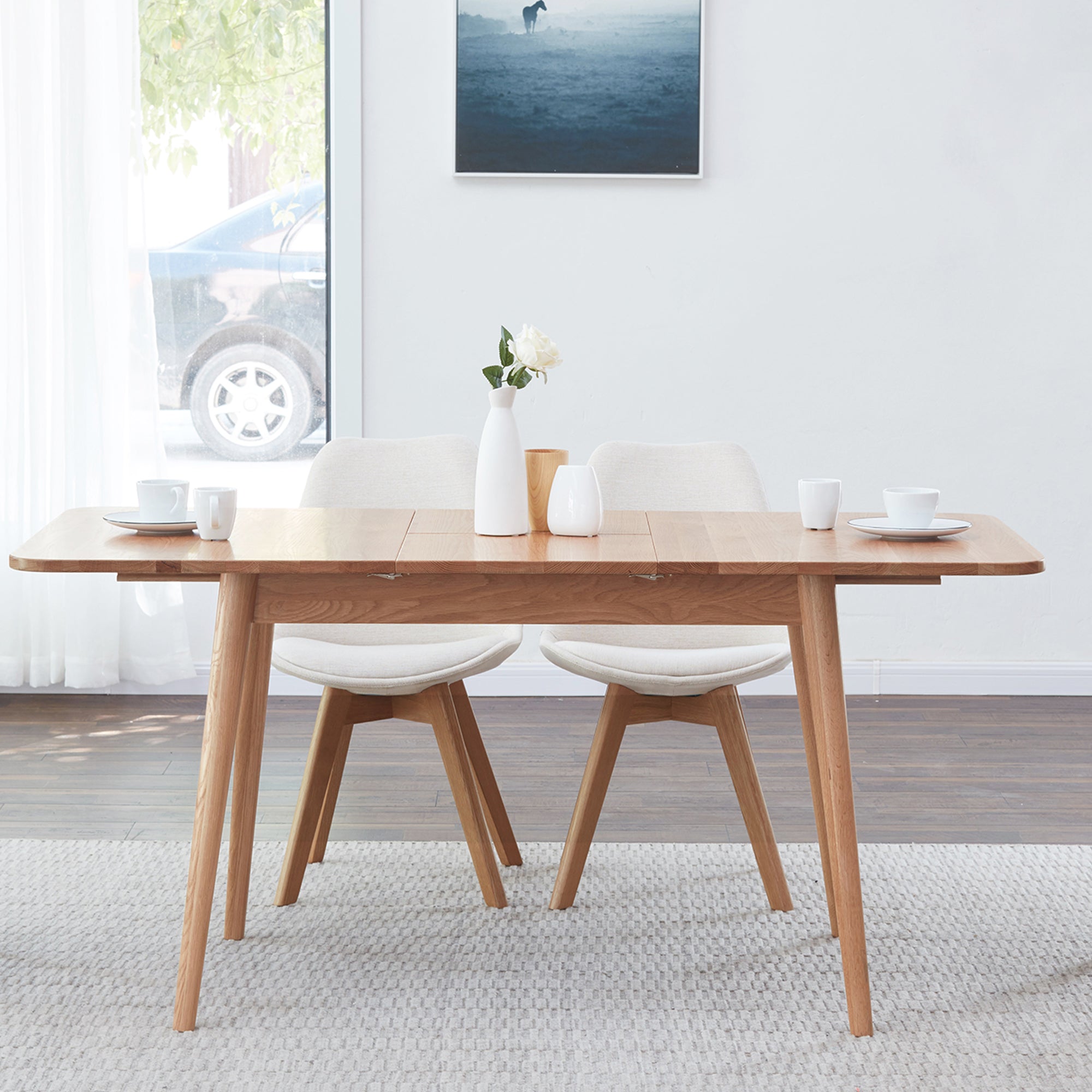 Extendable Solid Oak Dining Table — Round Corners & Diagonal Legs