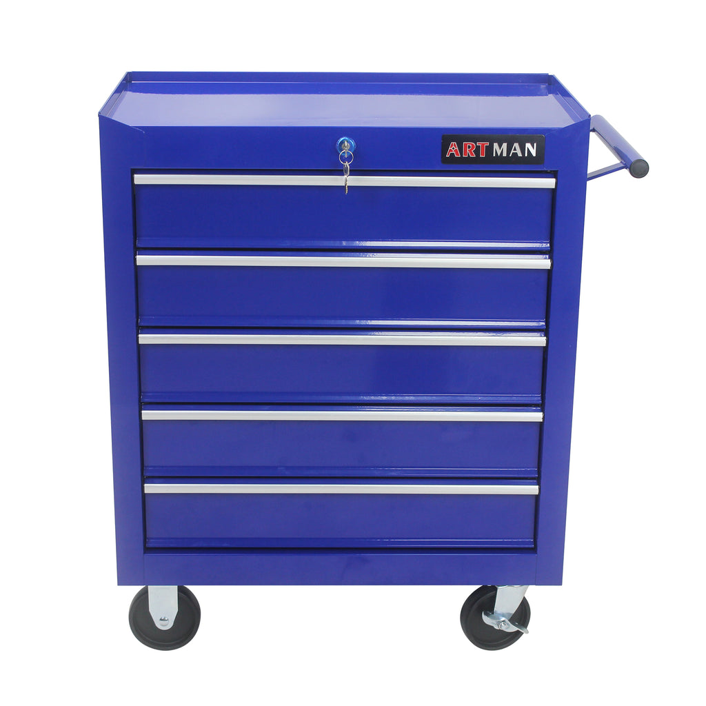 Blue 5-drawer rolling tool cart with wheels — front view