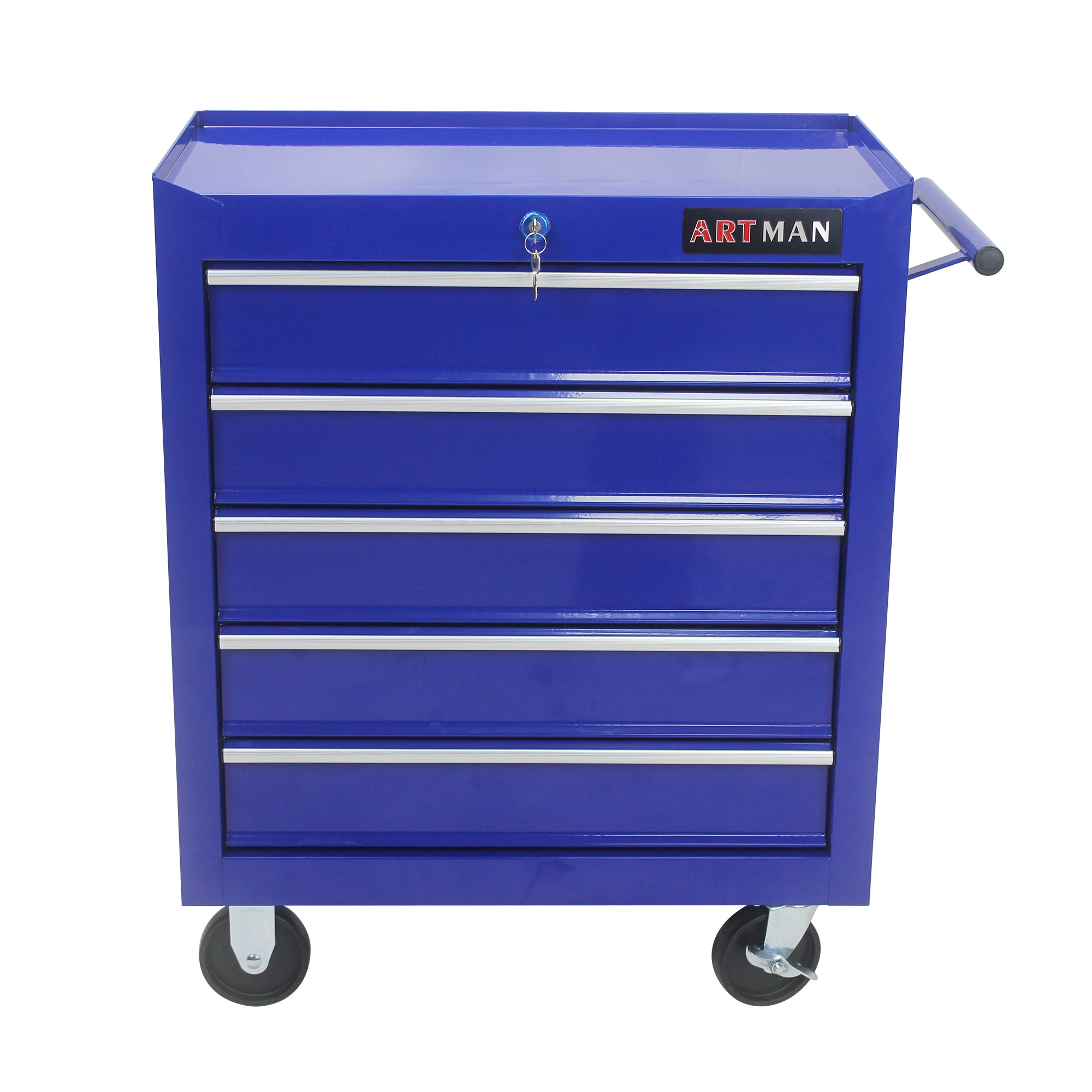 Blue 5-drawer rolling tool cart with wheels — front view