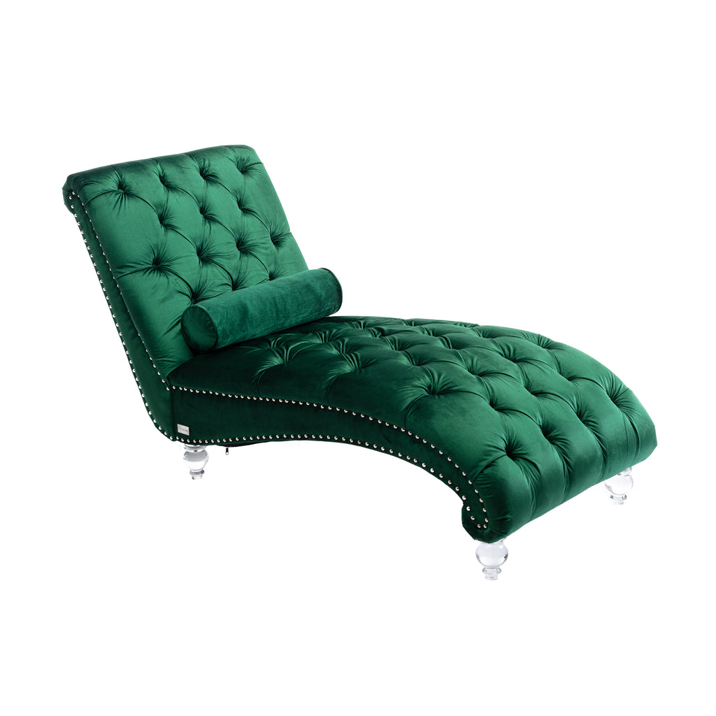 Emerald green velvet chaise lounge — front view