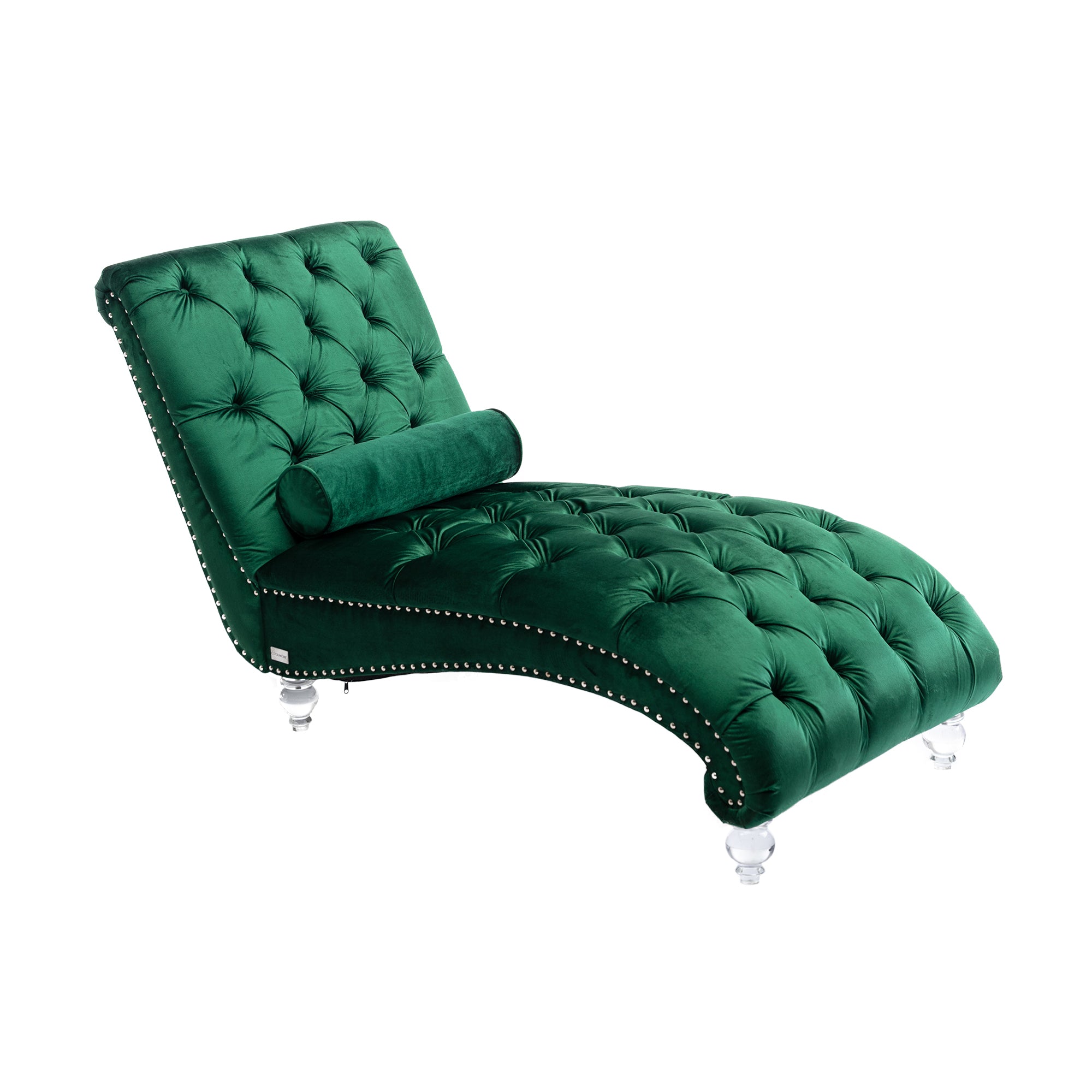 Emerald green velvet chaise lounge — front view