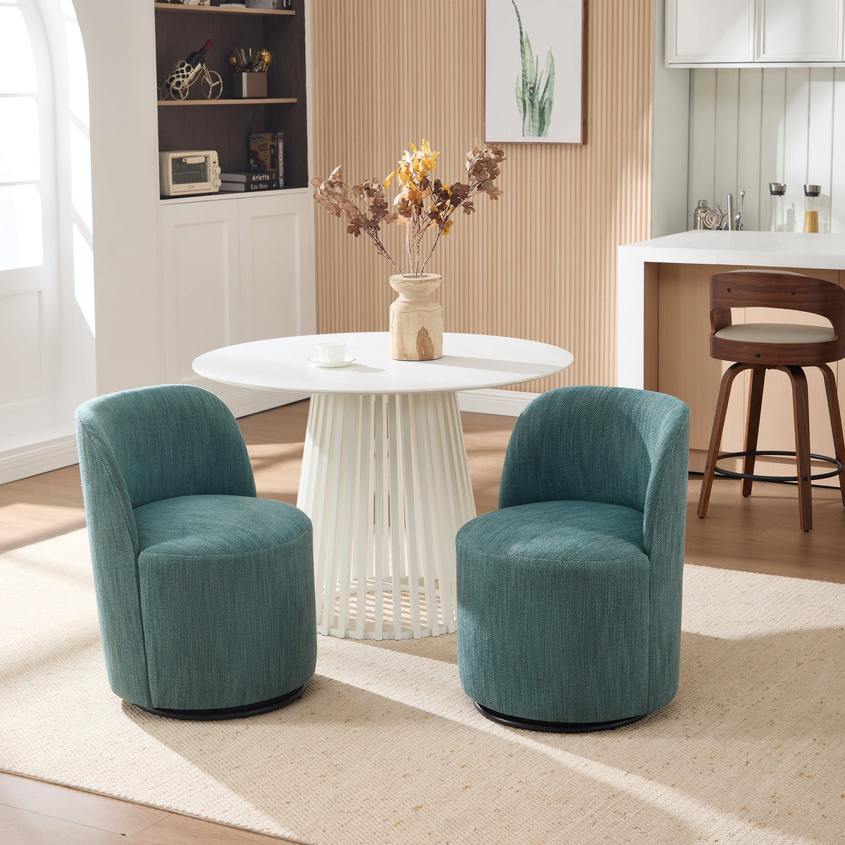 Set Of 1 Upholstered Kitchen & Dining Room Barrel Chair, Mid Century Modern Round Linen Dining Chair, 360 Degree Swivel Comfy Armless Accent Makeup Vanity Side Chair for Bedroom Living Room