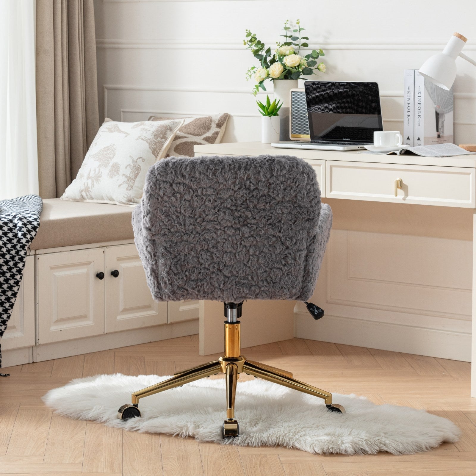 Faux Fur Office Chair — 40° Reclining with Gold Metal Base & Wheels