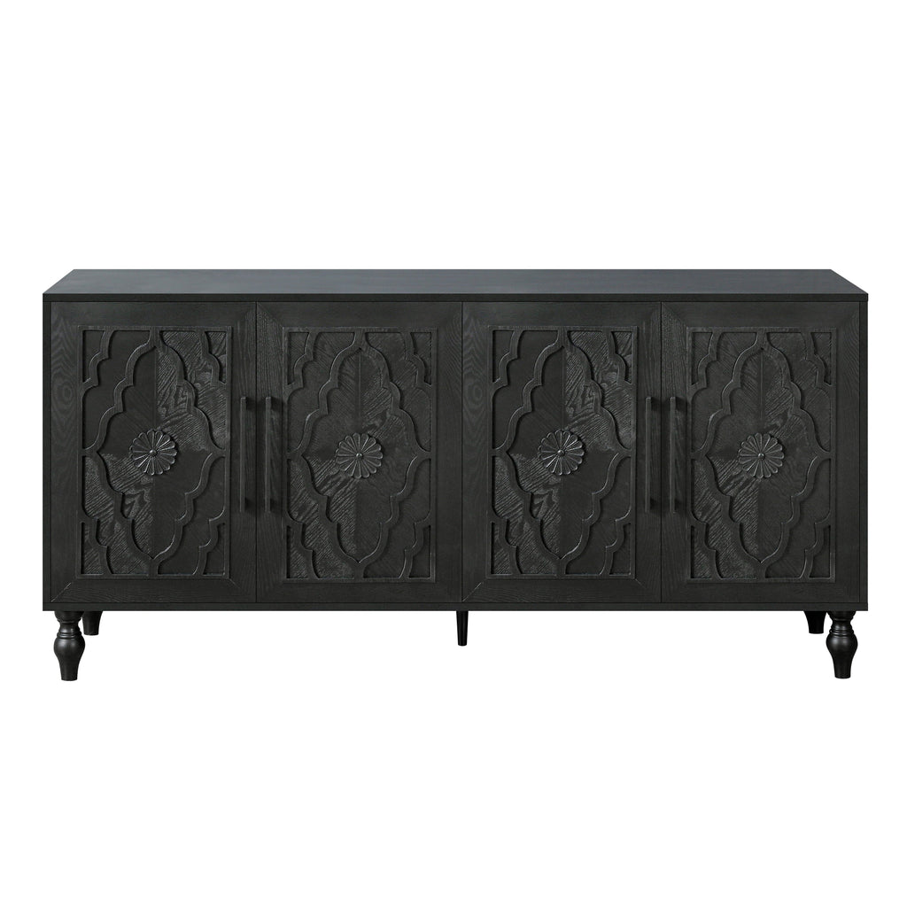Carved Flower Door Storage Cabinet — Metal Handles