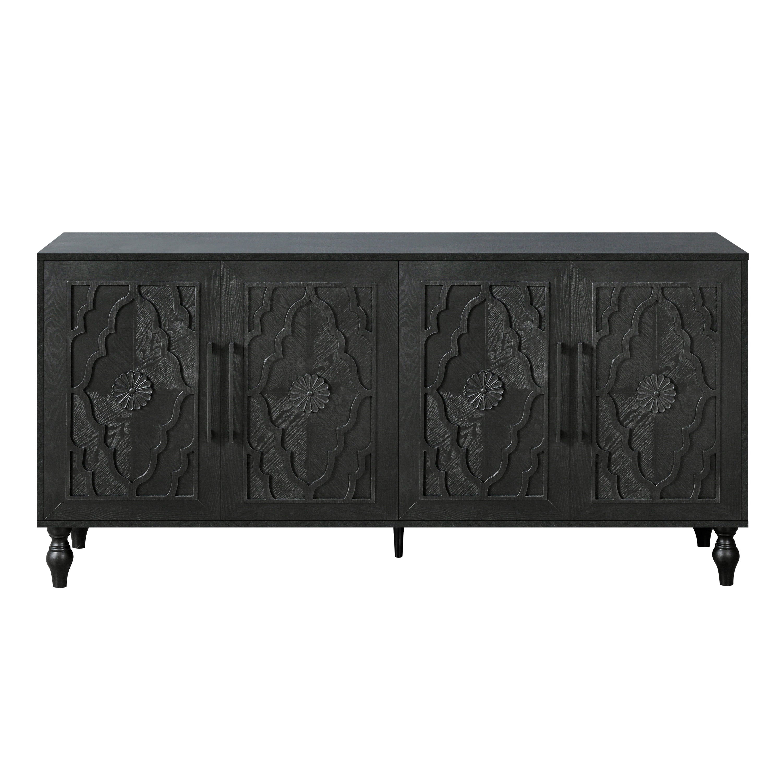 Carved Flower Door Storage Cabinet — Metal Handles