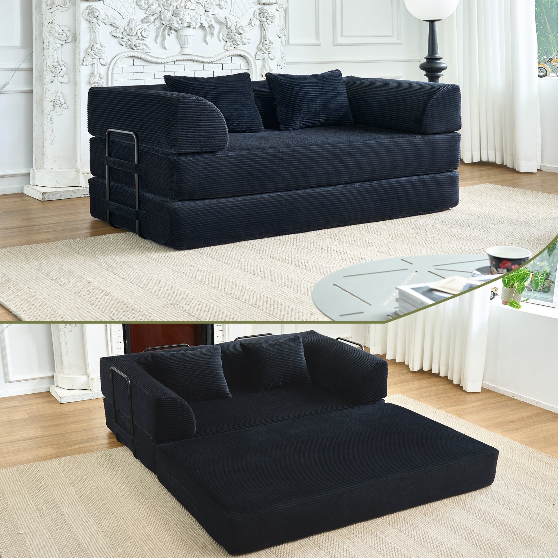 Convertible Sleeper Sofa Bed, Corduroy Folding Mattress Couch with Fixed-Shape Frame, Floor Sofa Lounge Couch Boneless Sofa for Living Room Bedroom, Light Gray