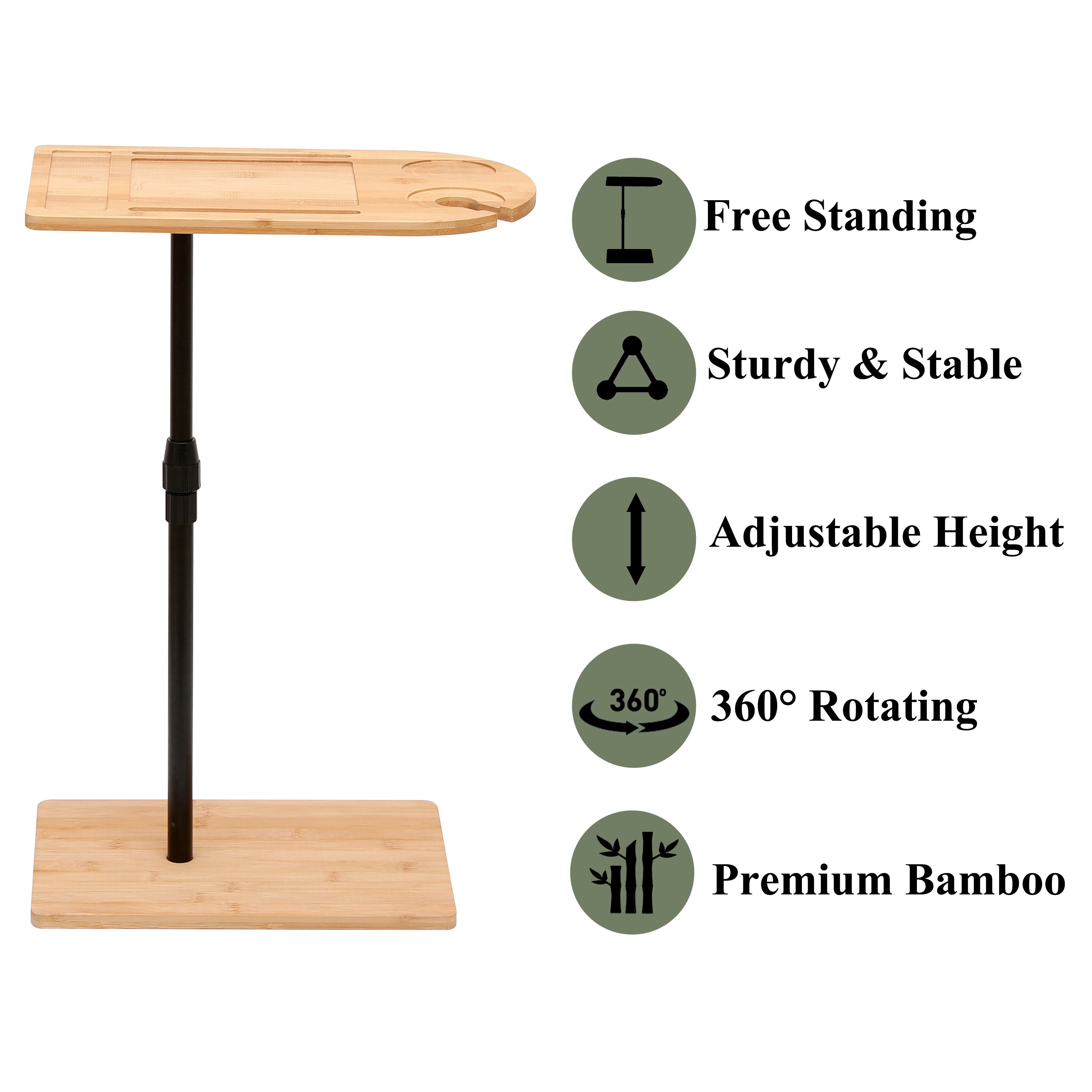 Natural bamboo side table tray with tablet slots and drink holders