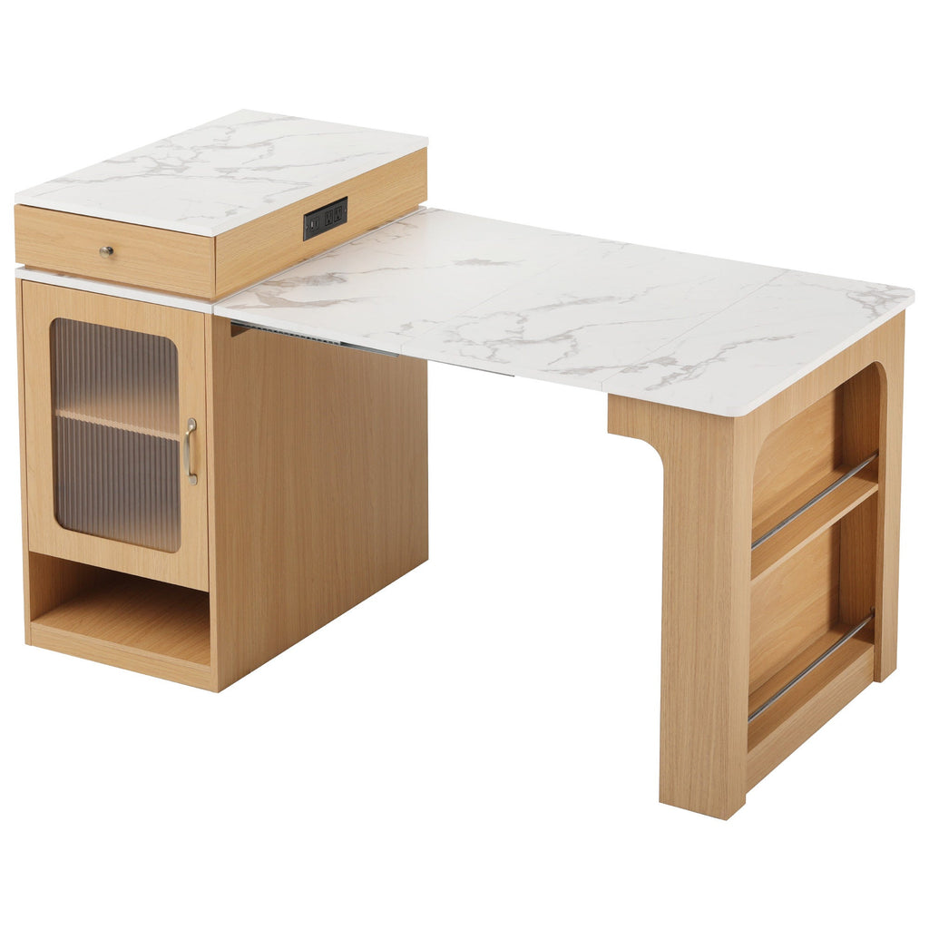 K&K 59.5' Kitchen Island with Extendable Dining Table, Kitchen Storage Table with Double-sided Storage, Kitchen Island with 2 Drawers, Power Outlet, Side Open Shelves, for Kitchen, Dining Room, Black