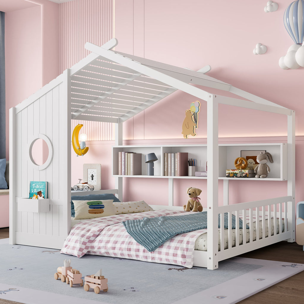 Full Size Floor House Bed for Toddler, Kids Montessori Bed with Storage Shelf, Playhouse Bed with Roof Design, Gray