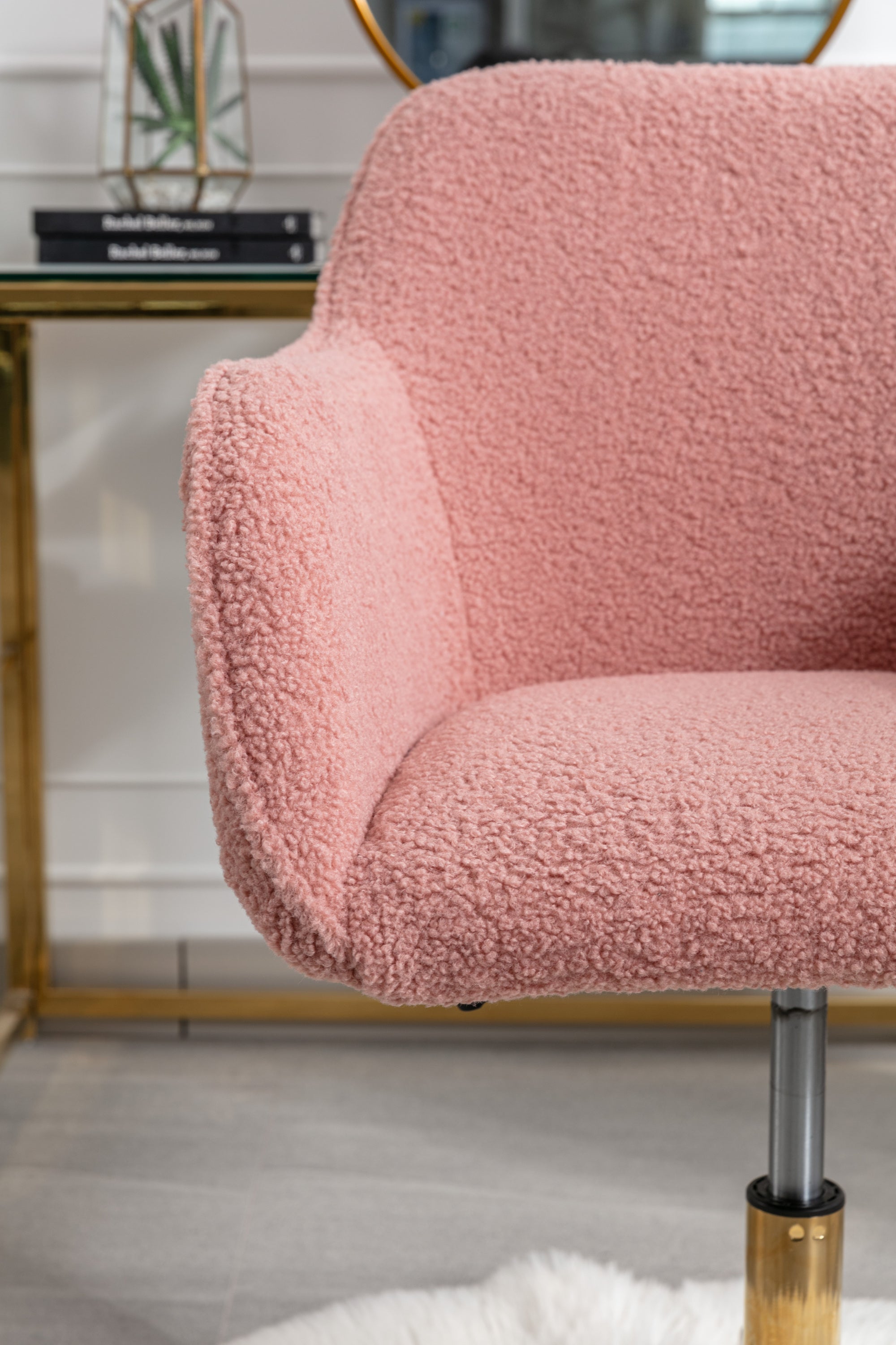 Pink teddy fabric office chair gold metal base — angle view