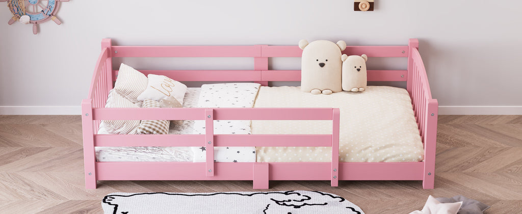 Twin Montessori Floor Bed with Slats and Safety Guardrails, Solid Wood Floor Bed with Fence and Without Door, Easy Assemble Montessori Bed for Girls and Boys, Gray