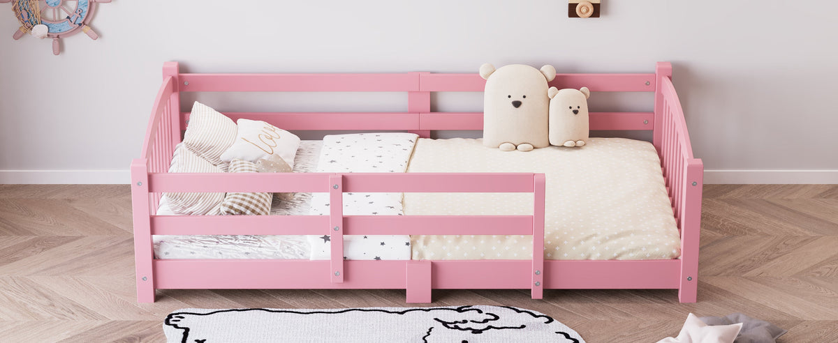 Twin Montessori Floor Bed with Slats and Safety Guardrails, Solid Wood Floor Bed with Fence and Without Door, Easy Assemble Montessori Bed for Girls and Boys, Gray