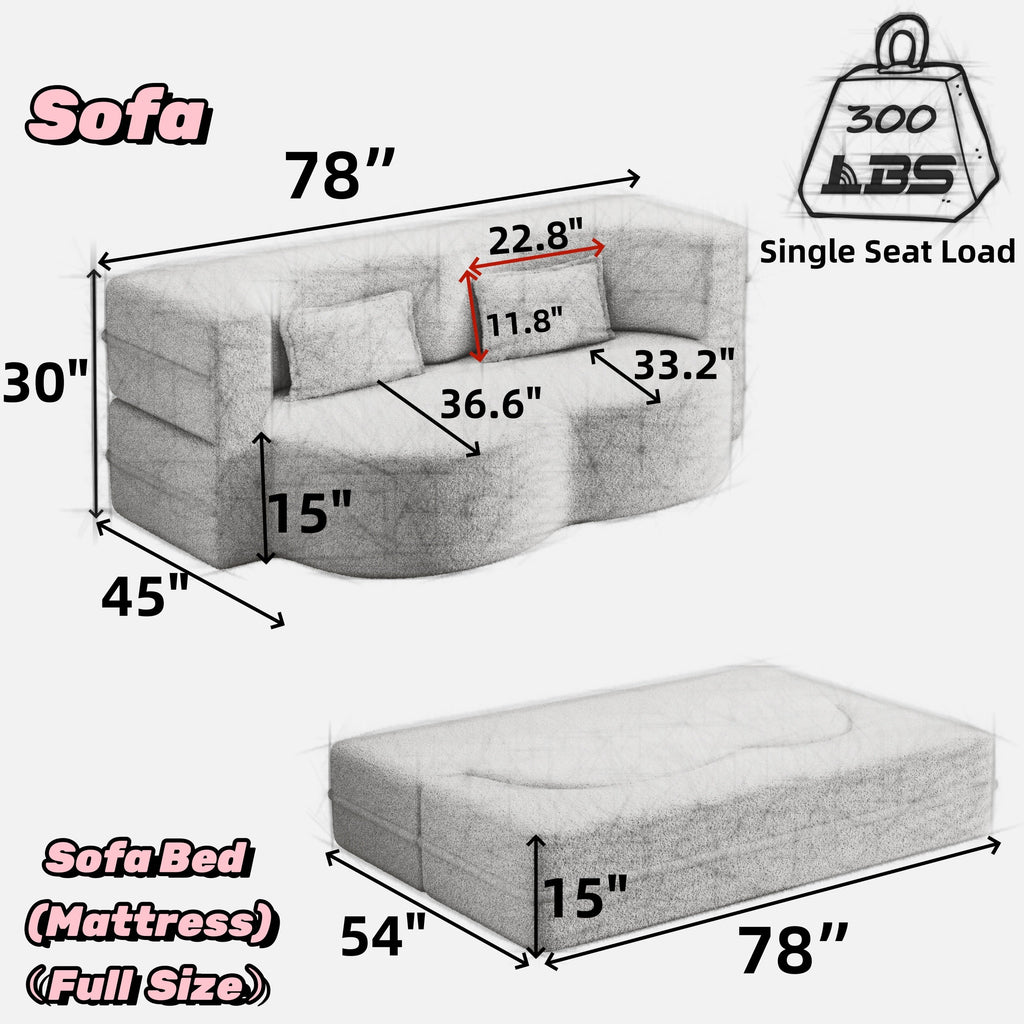 Modern Floor Sofa with 2 Pillows, Convertible Plush Corduroy Foam-Filled Sleeper Sofa Bed,15 ' Full Size Folding Mattress for Living Room, Guest Bed, no assembly required, Light Grey