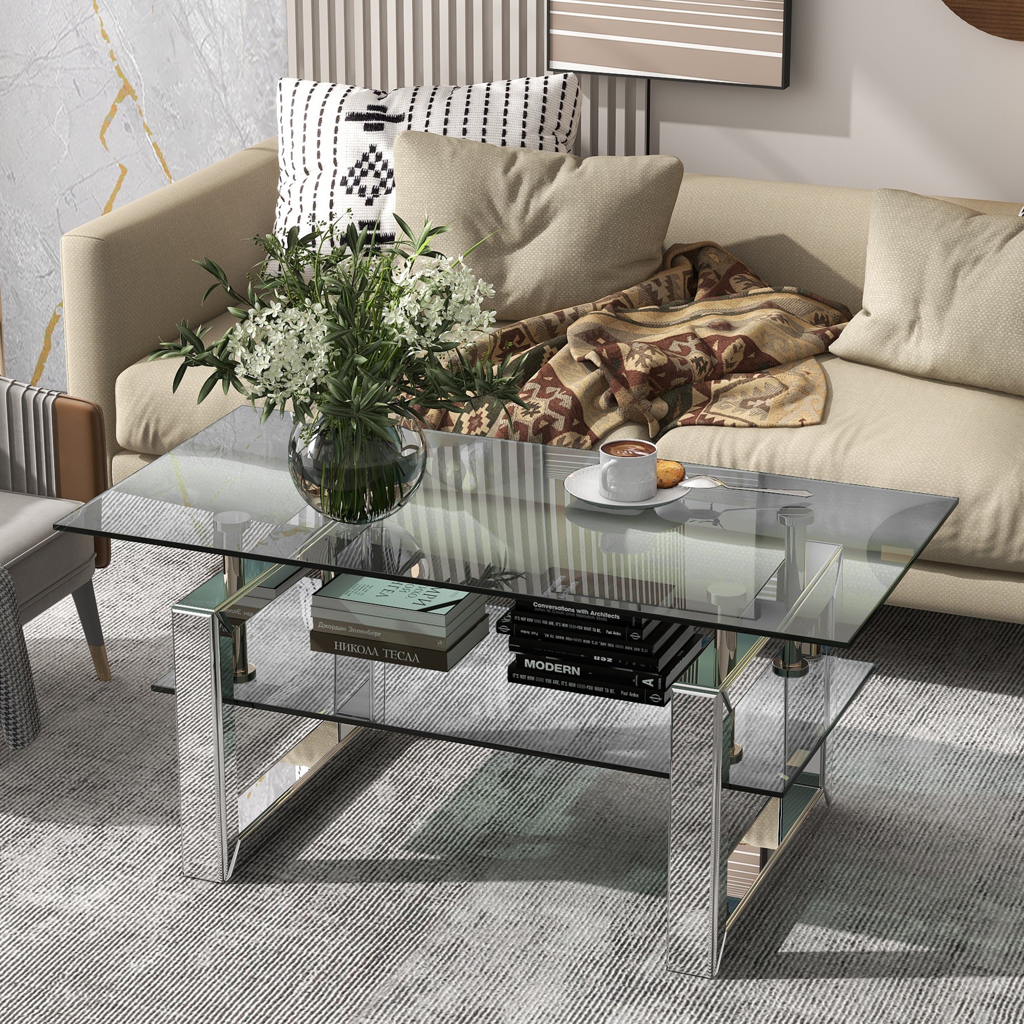 Silver glass top center table living room full view