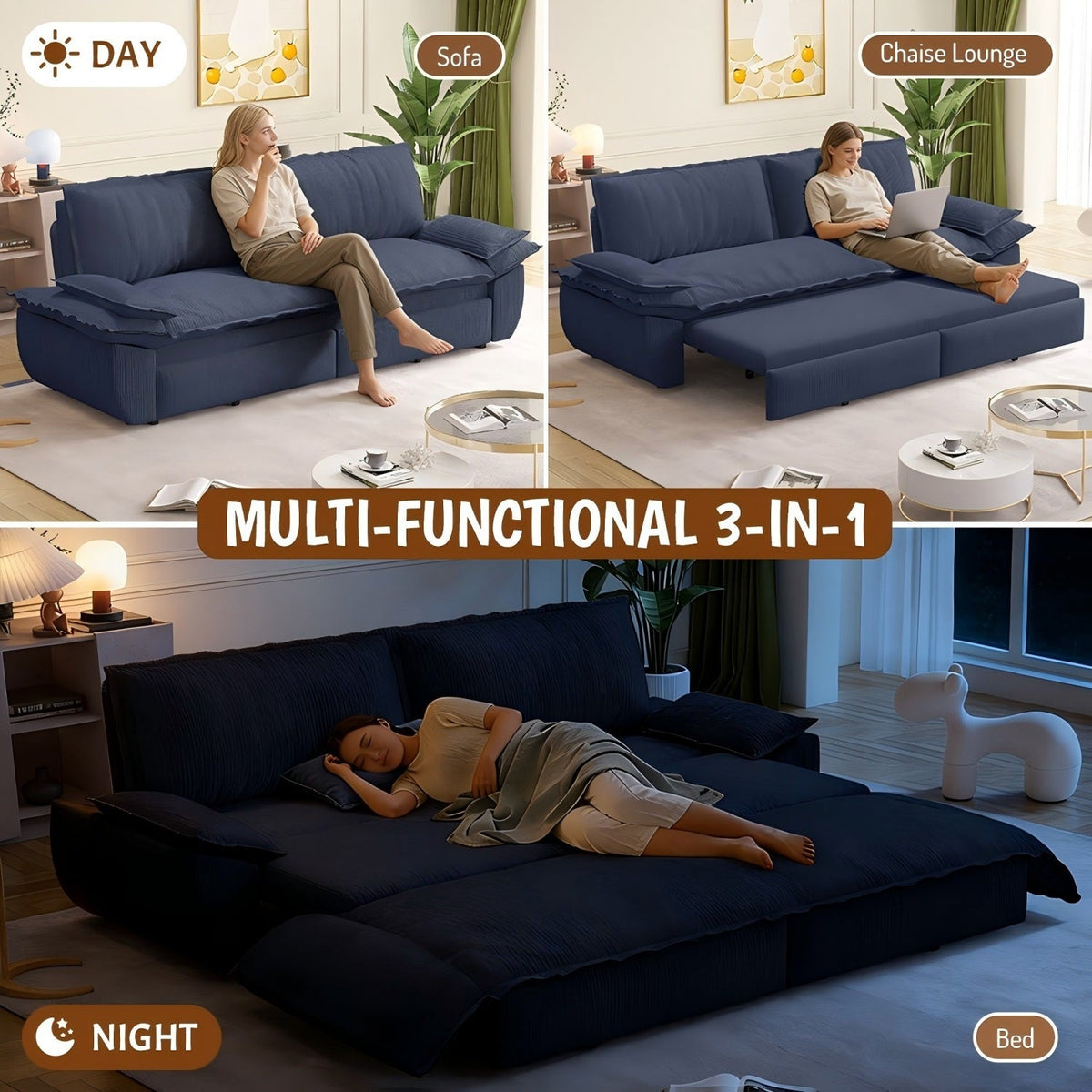 73.2' Queen Pull Out Sofa Bed,3-in-1 Convertible Sleeper Sofa,Multi-Functional Corduroy Loveseat Bed, Grey