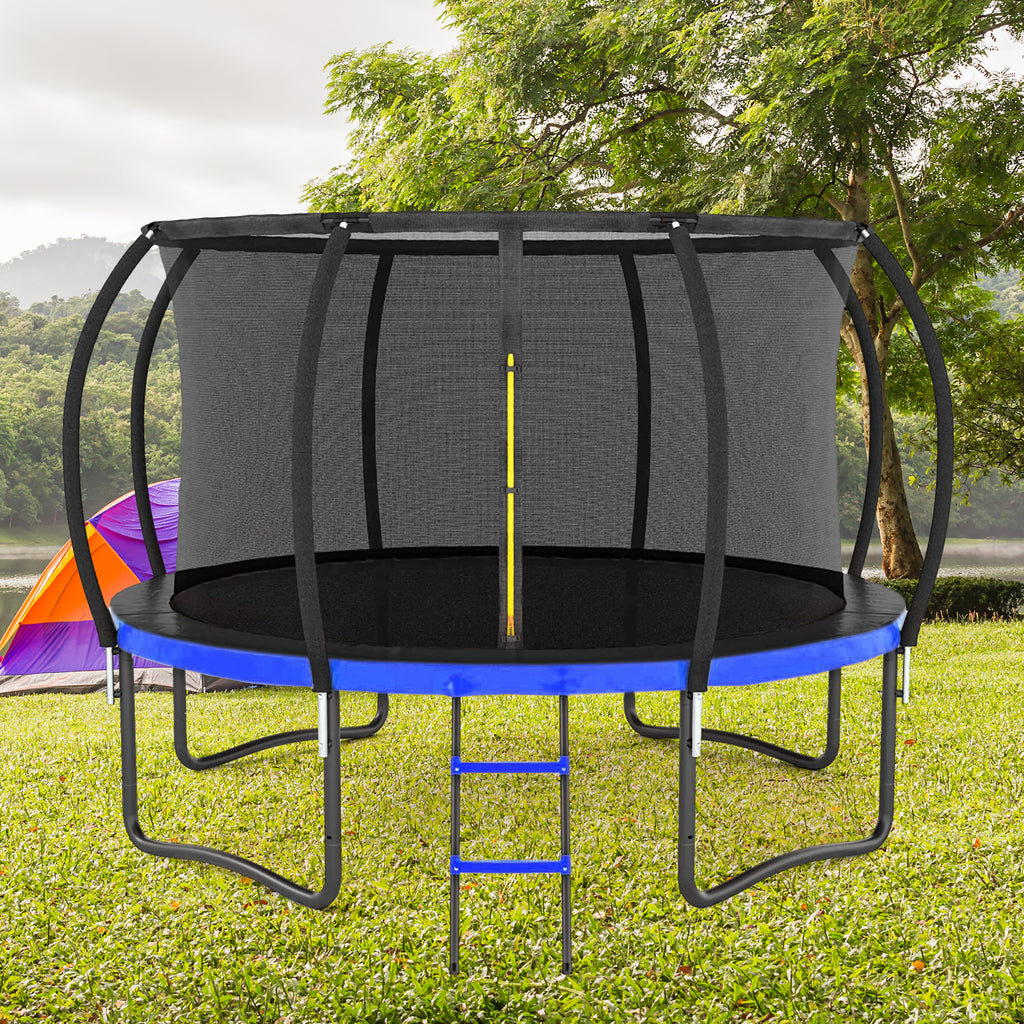 Black and blue outdoor trampoline with inner safety net