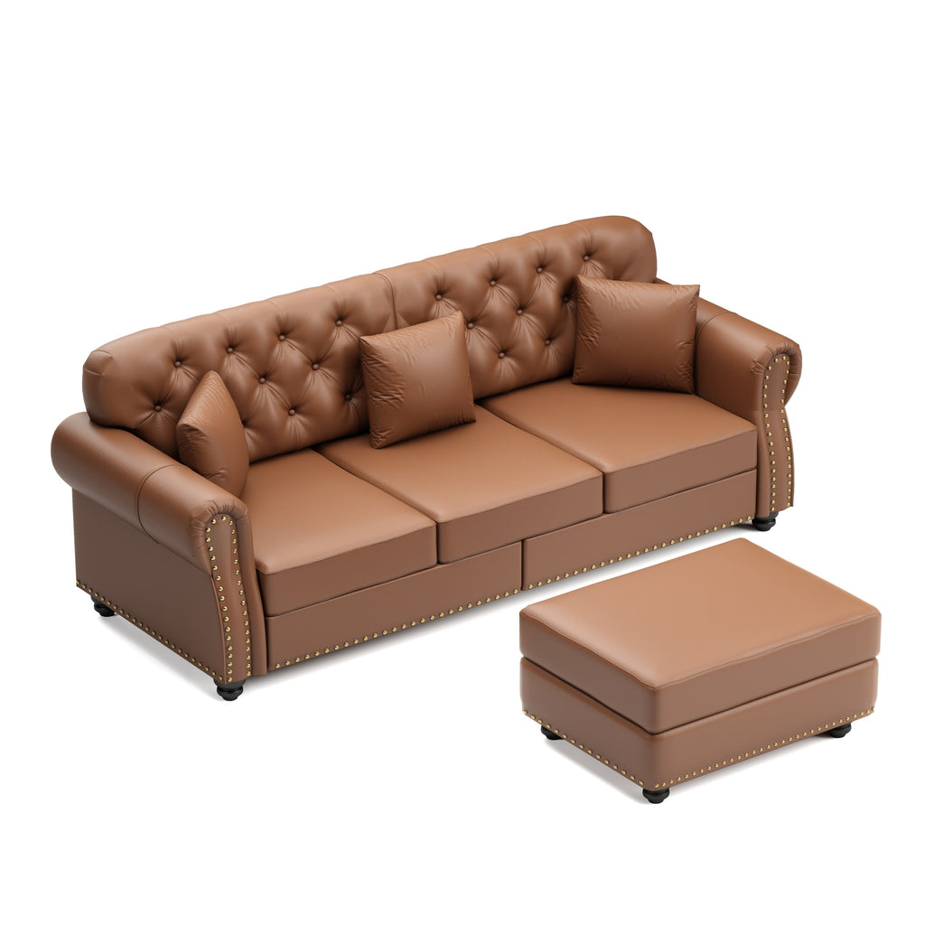 82.6'Upholstered Faux Leather Sofa with Nailhead Trim and Rolled Armrests,Mid-Century Modern Chesterfield Sofa with Button Tufted,Includes 3 Pillows,Black