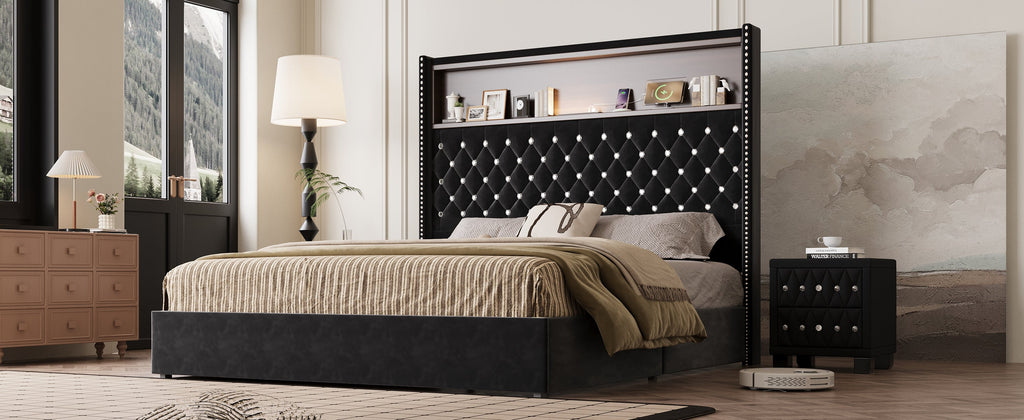 Queen Size Velvet Tufted Soft Bed Frame with USB Port and Night Light,52'' High Headboard with Rivet Decoration, Wing-back Platform Bed with Headboard Shelf, Beige