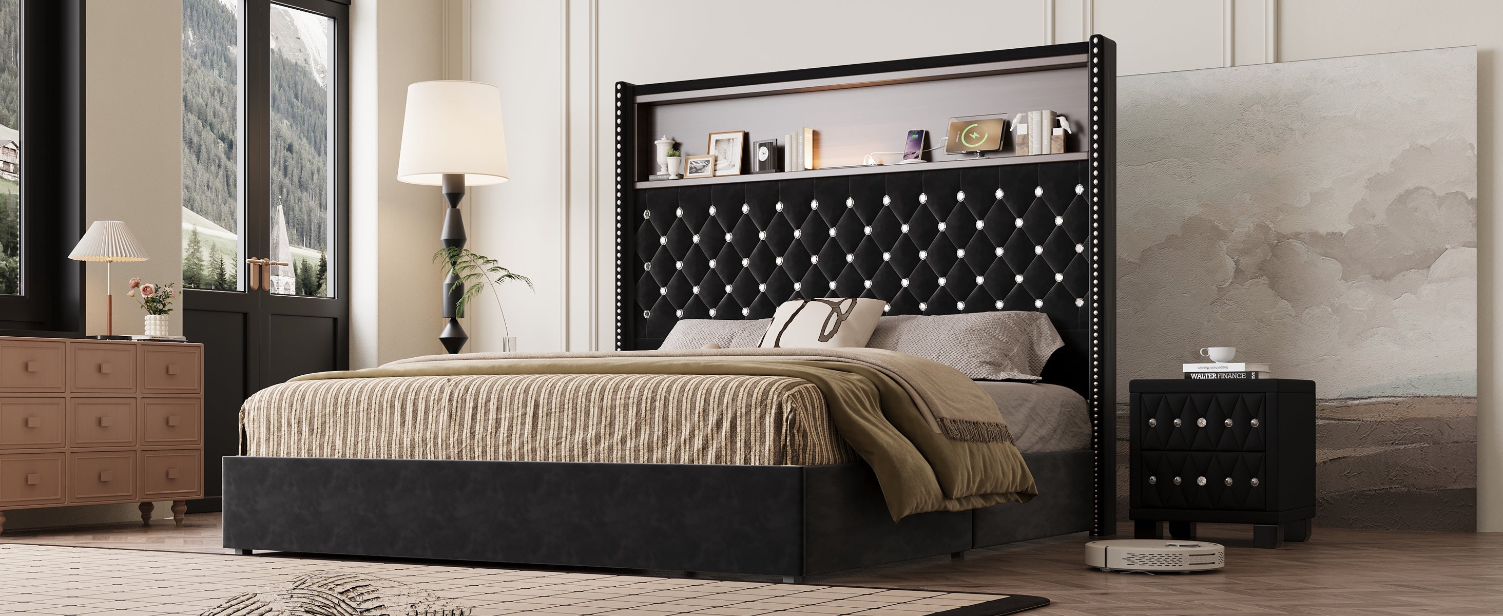 Queen Size Velvet Tufted Soft Bed Frame with USB Port and Night Light,52'' High Headboard with Rivet Decoration, Wing-back Platform Bed with Headboard Shelf, Beige