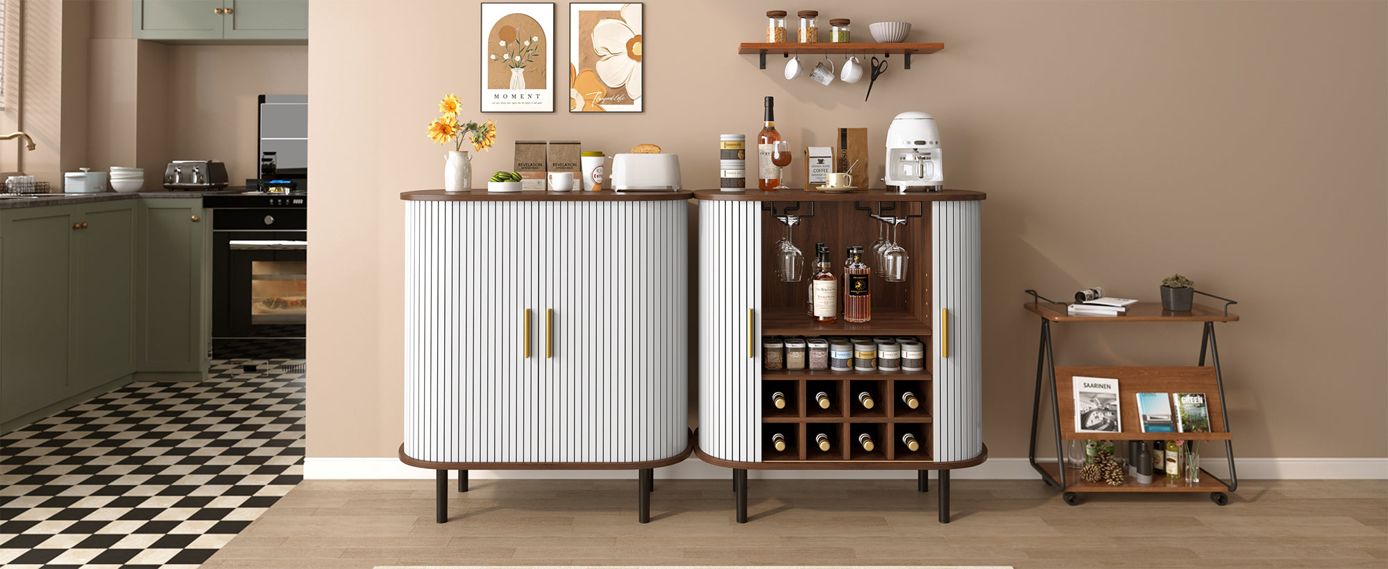 28' Fluted Wine Bar Cabinet with 8-Grid Wine Rack, 5-Level Adjustable Shelves, 2 Glass Holders, Smoothly Sliding Tambour Doors, 4 Hidden Storage Space on the Side, Modern Liquor Coffee Station, Black