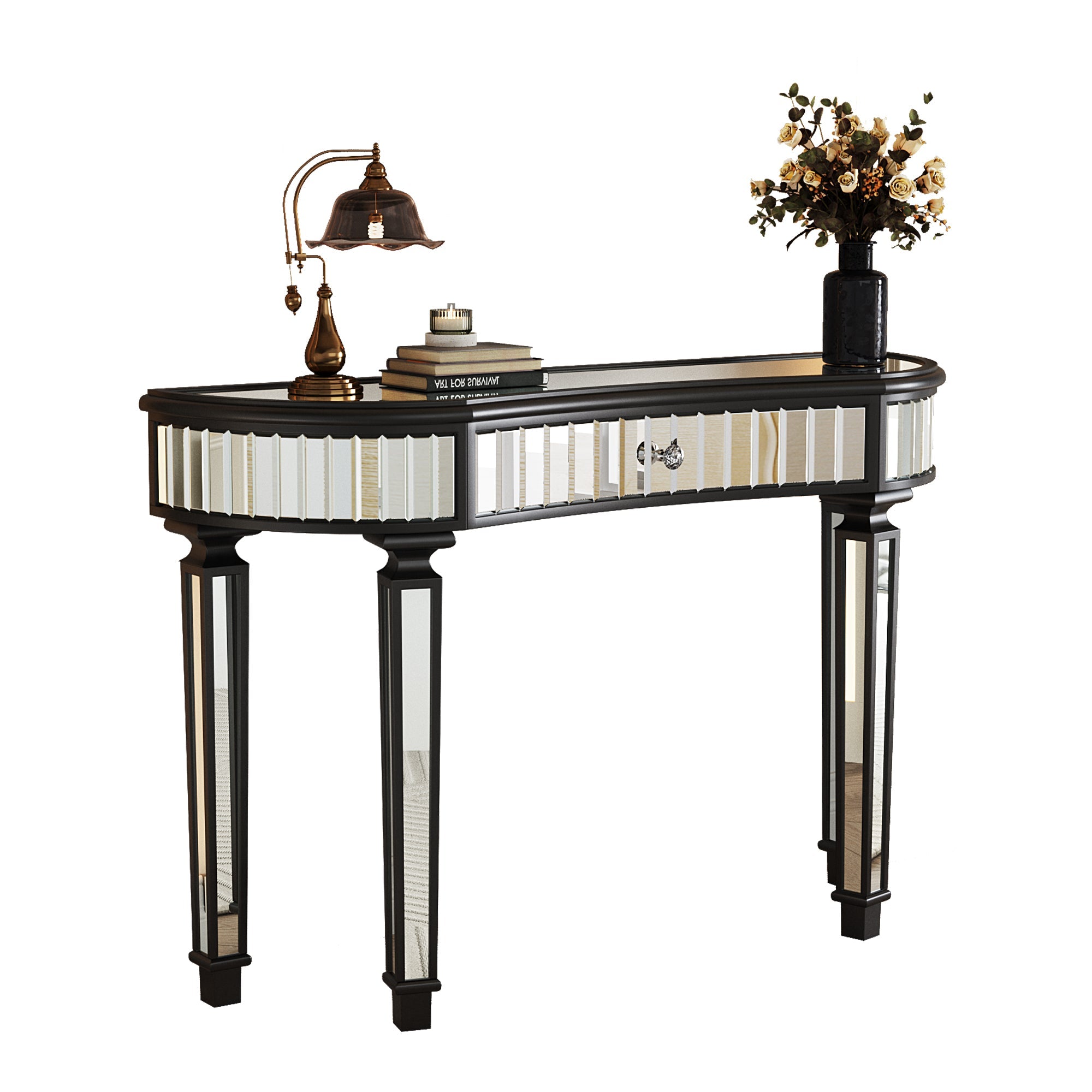 47" Half-Moon Mirrored Console Table — Fluted Glass & Crystal Drawer