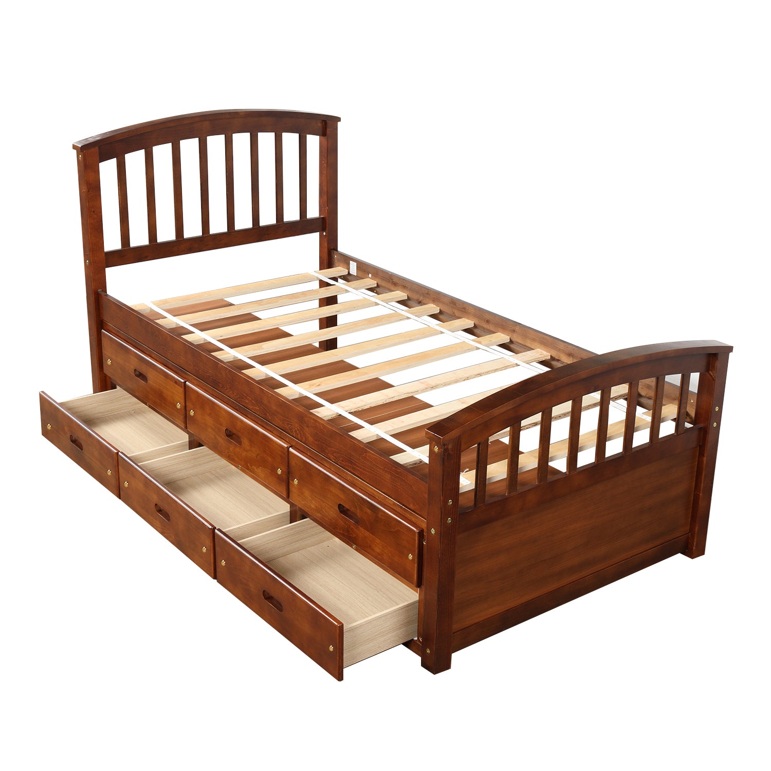 Solid wood twin bed walnut finish front angle